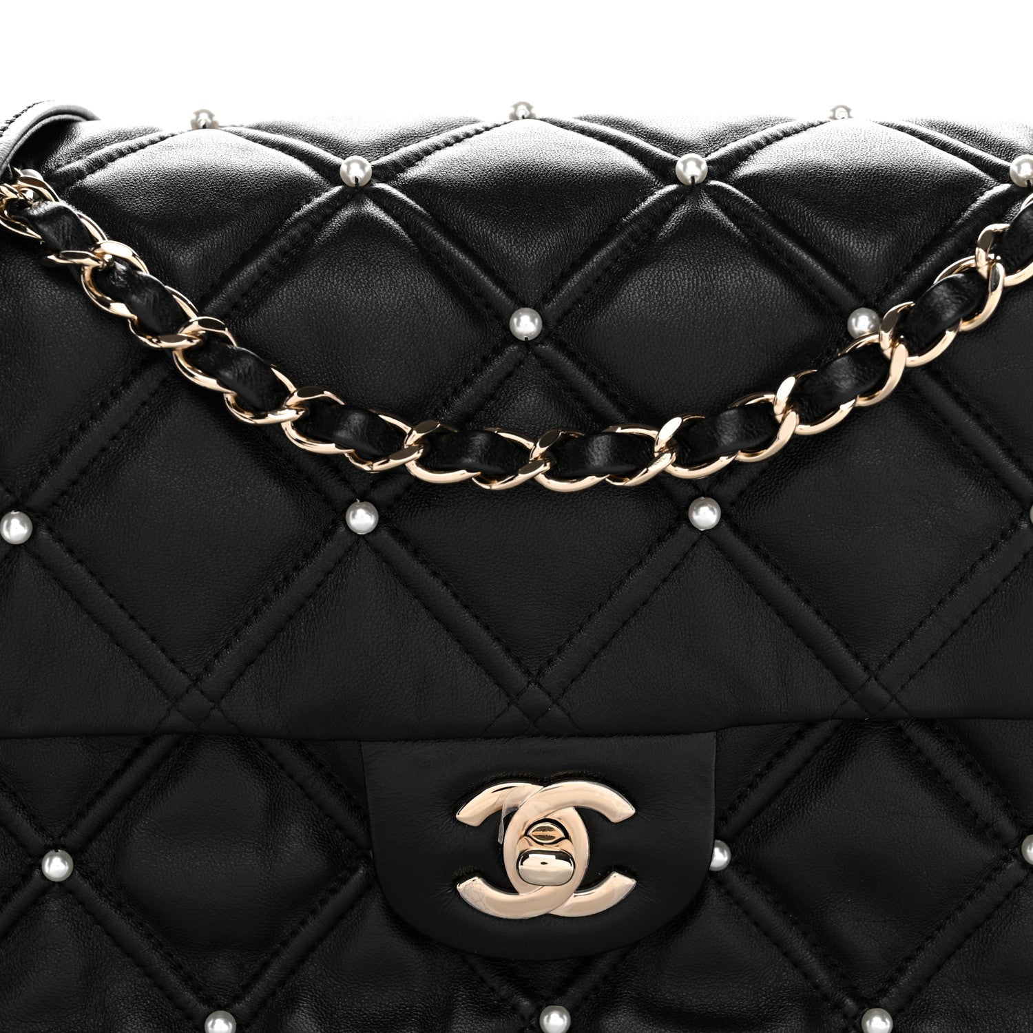 Lambskin Quilted Pearl Studded Flap Black
