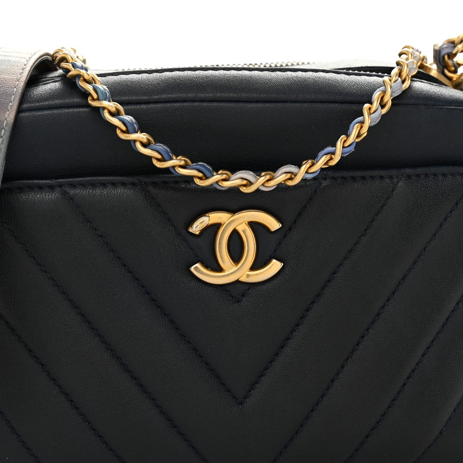 Lambskin Chevron Quilted Chain Around Camera Case Navy