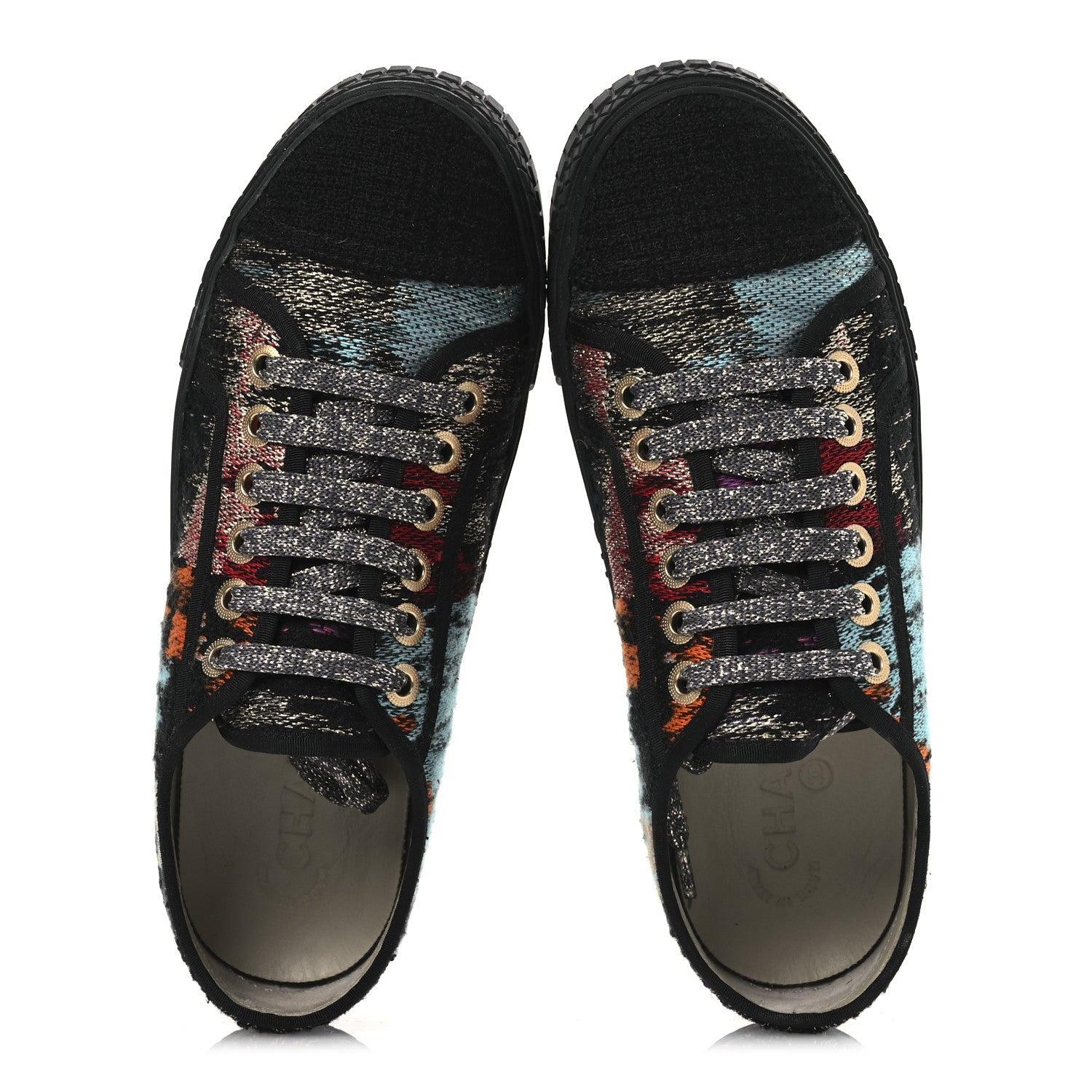 Metallic Tweed Low Top Sneakers 38 Black Multicolor