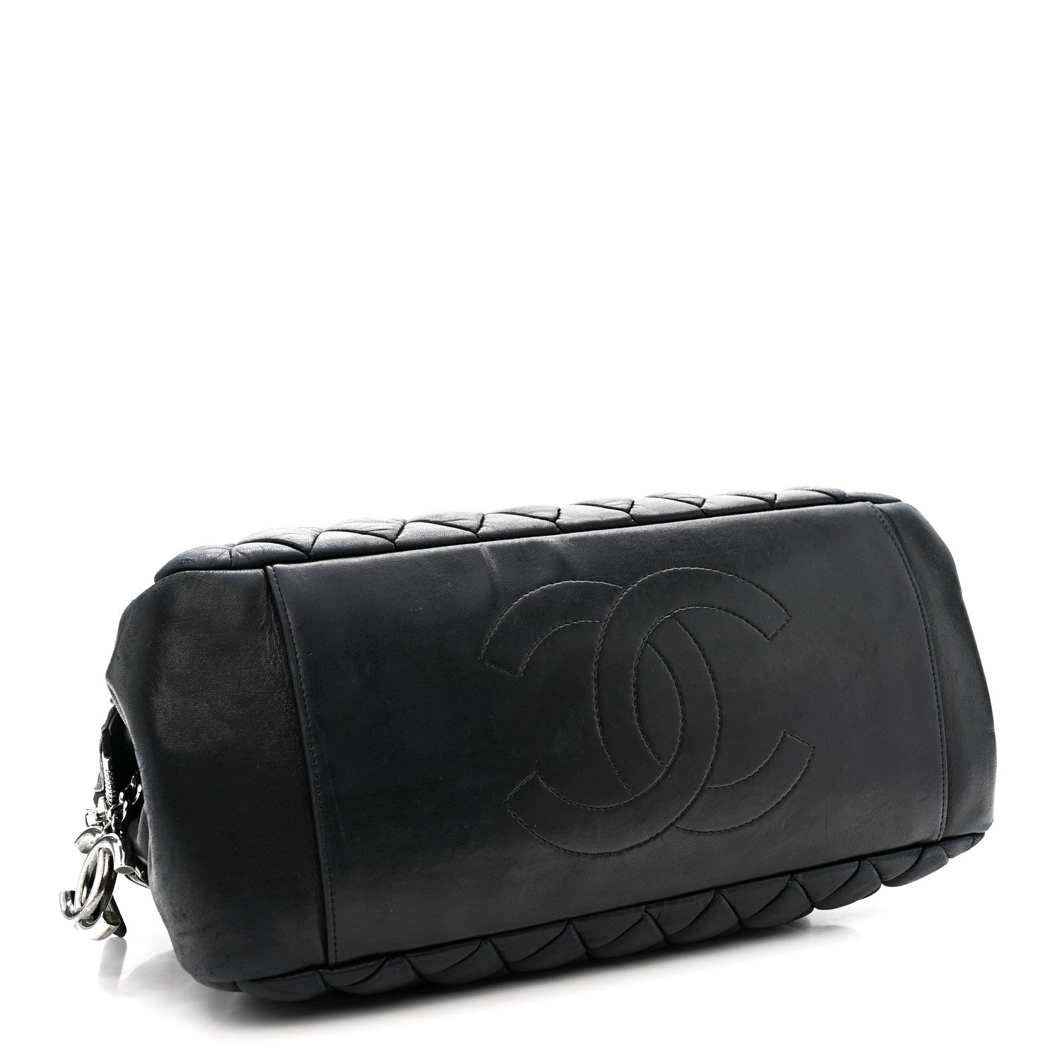Lambskin Bubble Quilt Small Double Bowling Bag Black