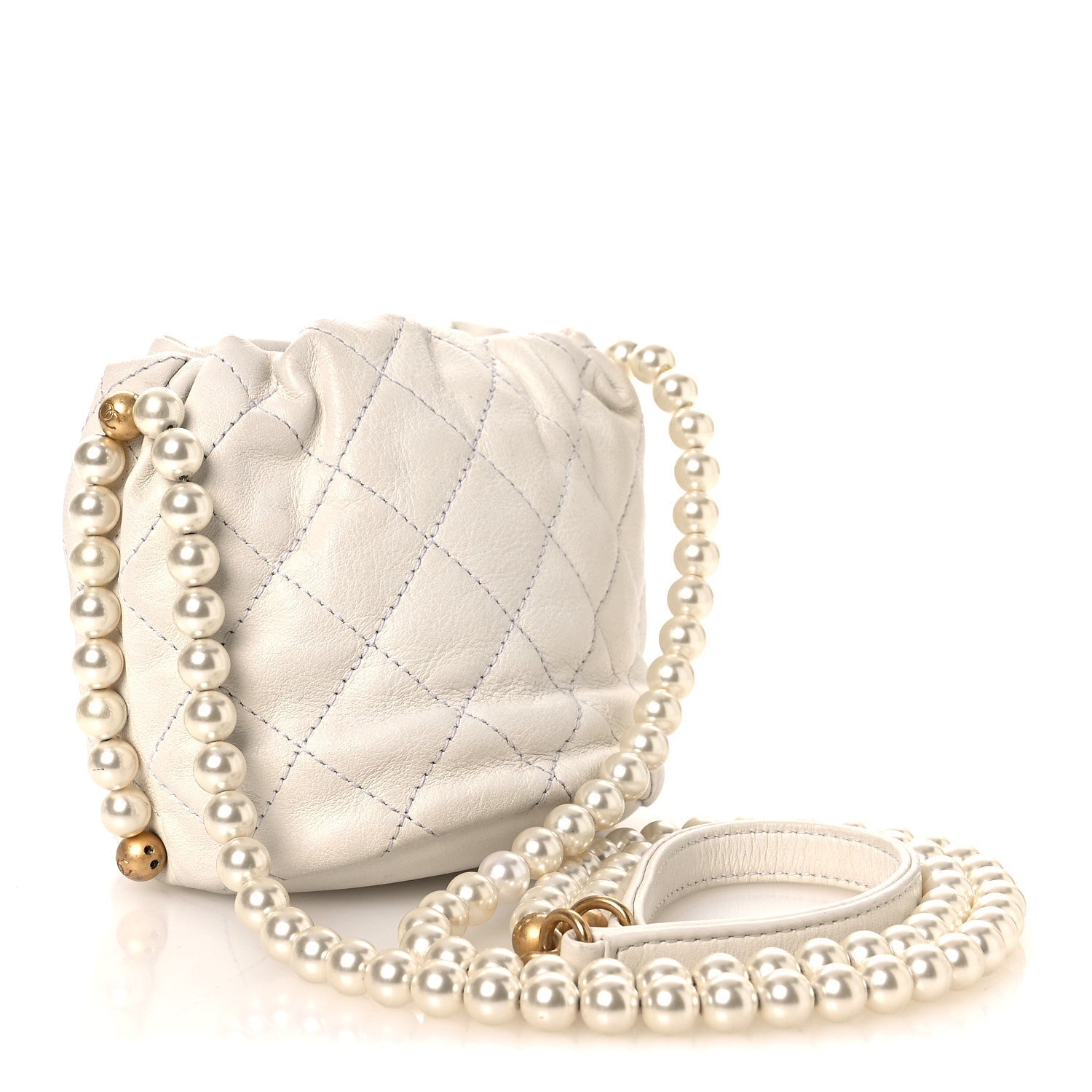 Calfskin Quilted Pearl Mini About Pearls Drawstring Bucket Bag  White