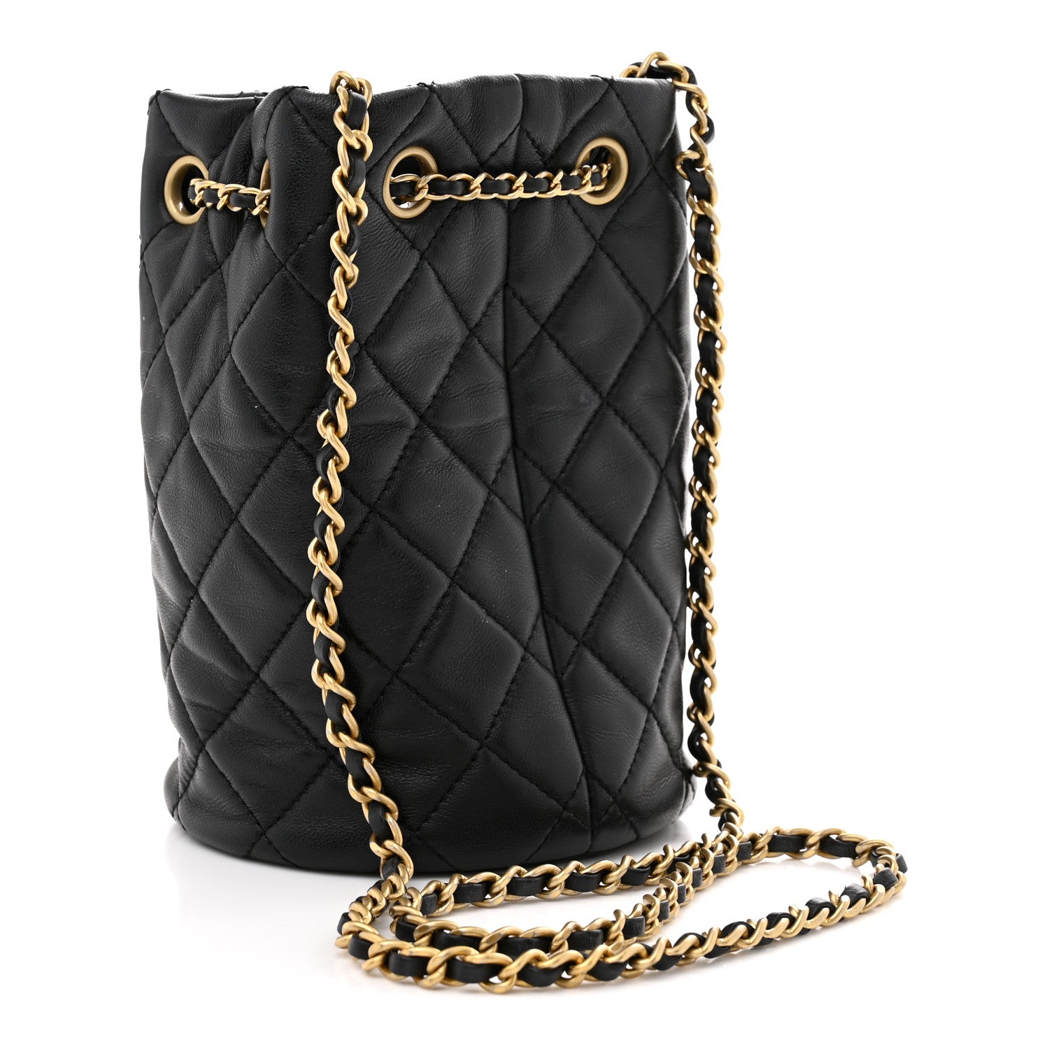 Lambskin Quilted Small Pearl Crush Bucket Bag Black