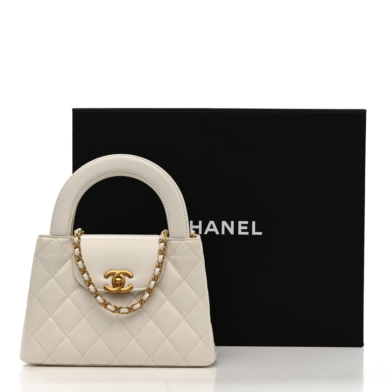 Shiny Aged Calfskin Quilted Nano Kelly Shopper White