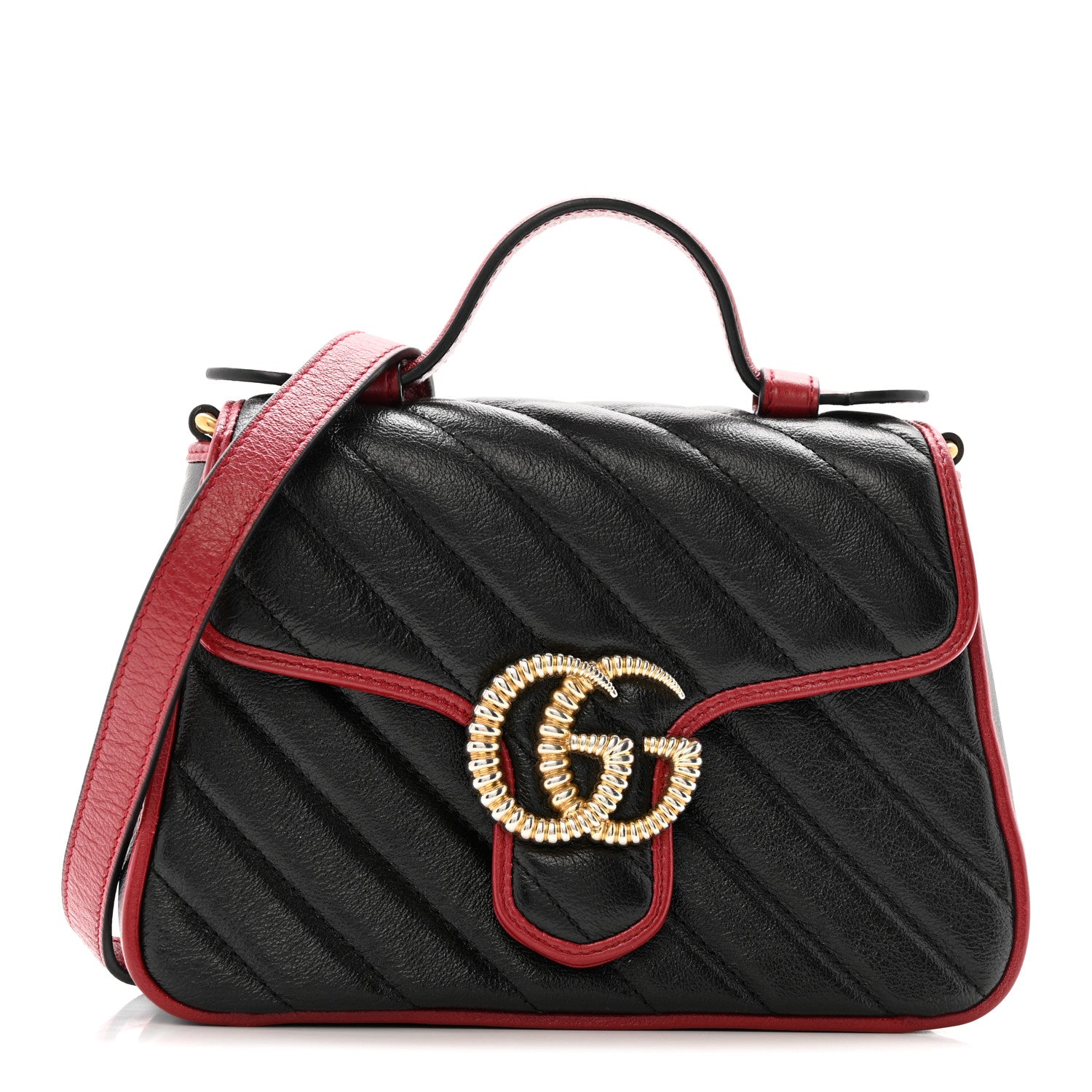 Vintage Effect Calfskin Matelasse Diagonal Mini Torchon GG Marmont Top Handle Shoulder Bag Black Romantic Cherry