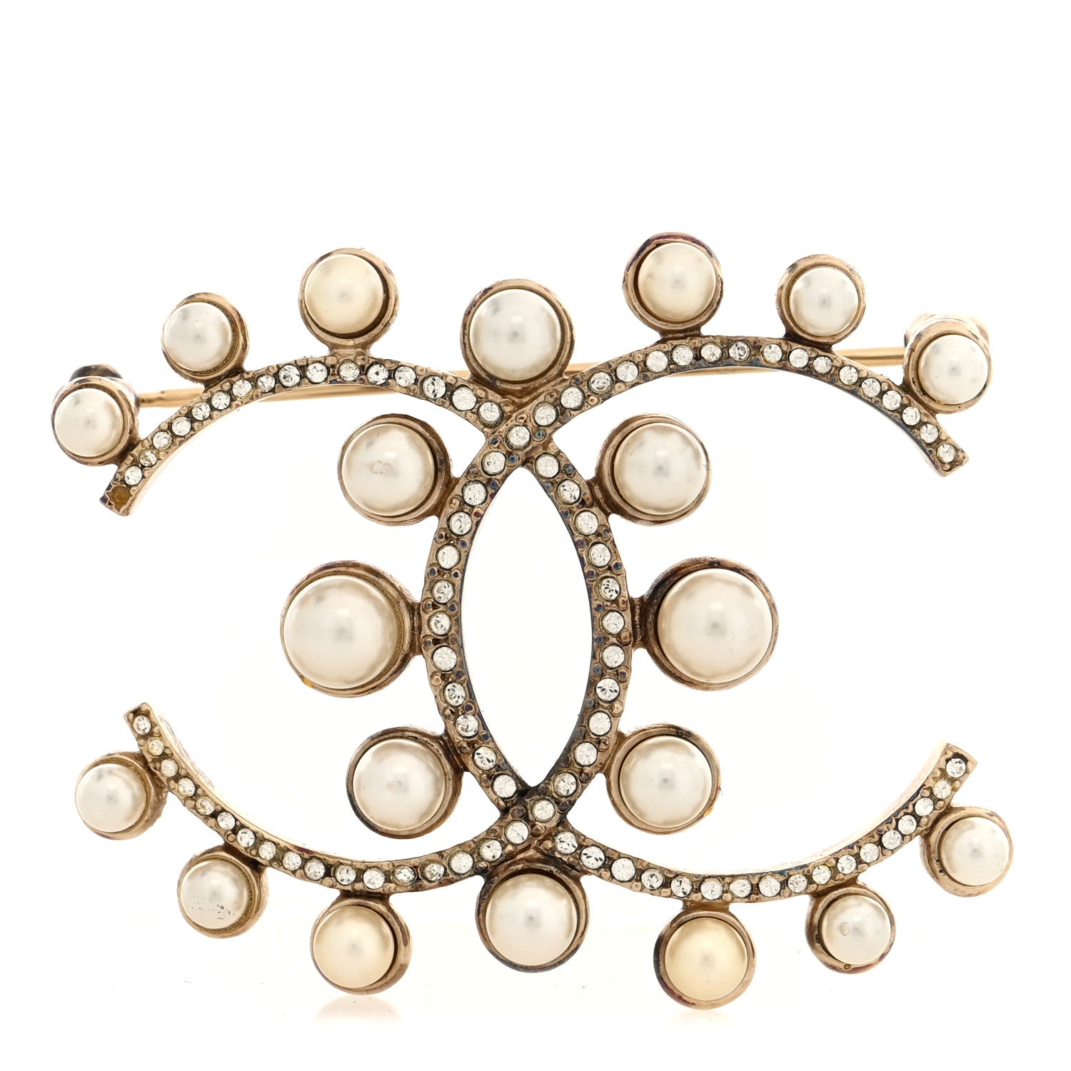 Pearl Crystal CC Brooch Gold