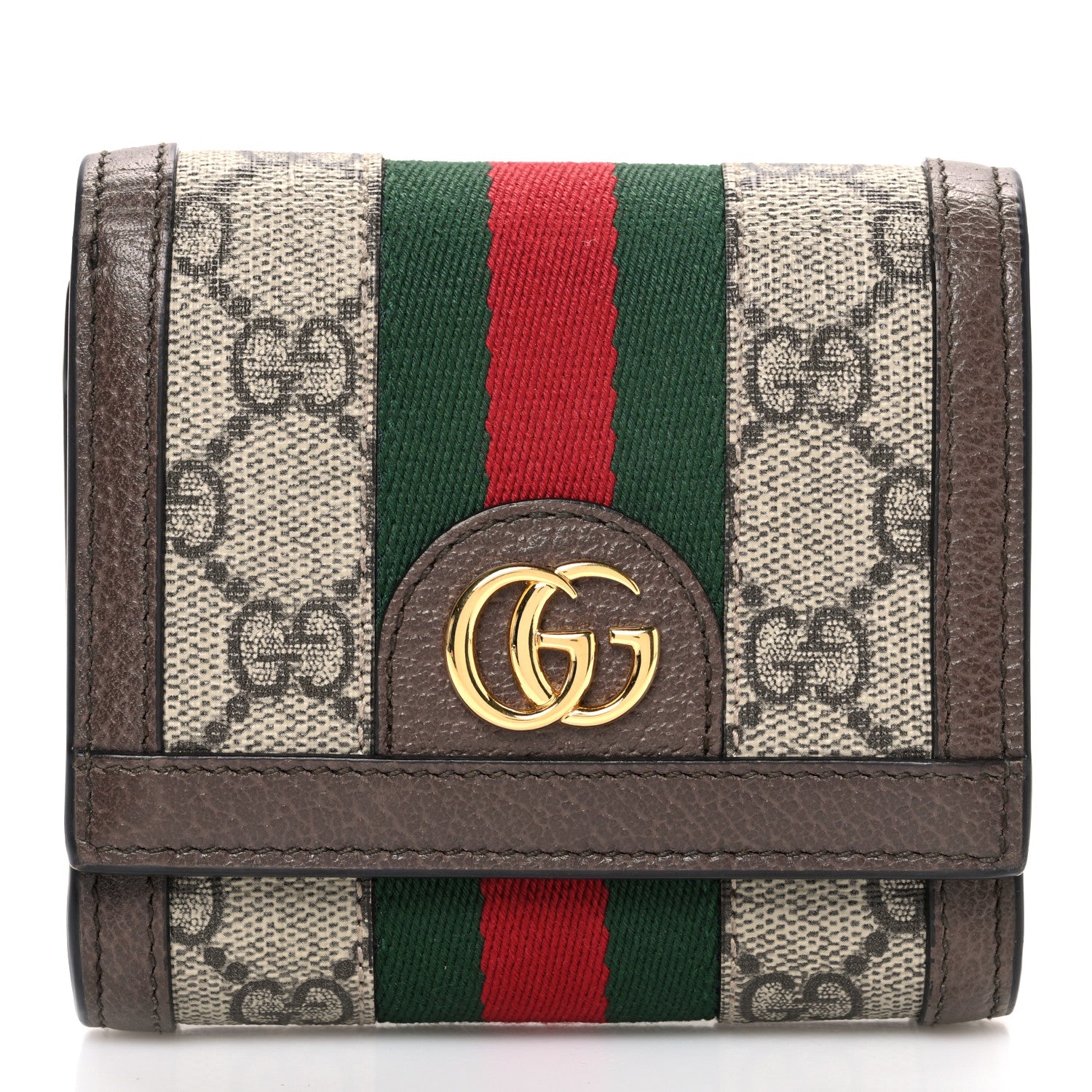 GG Supreme Monogram Textured Calfskin Web Ophidia Card Case Wallet Beige Ebony New Acero