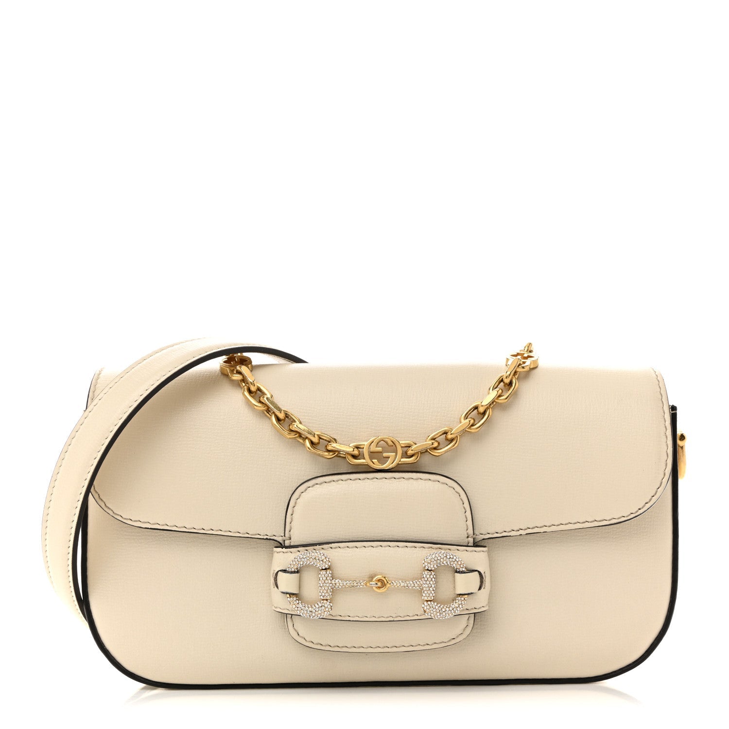Azalea Calfskin Crystal Small Horsebit 1955 Chain Shoulder Bag White