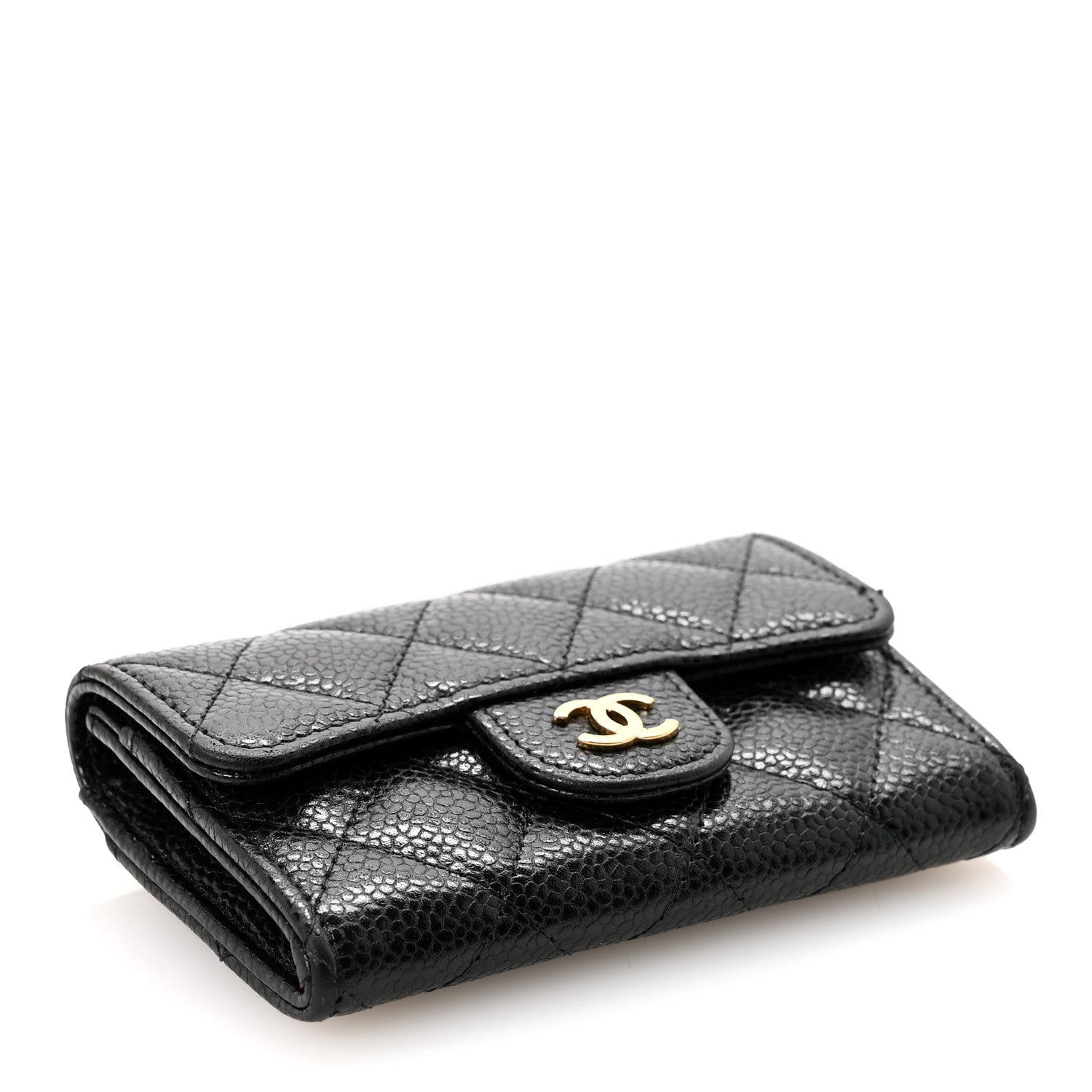 Caviar Quilted Flap Card Holder Wallet Black