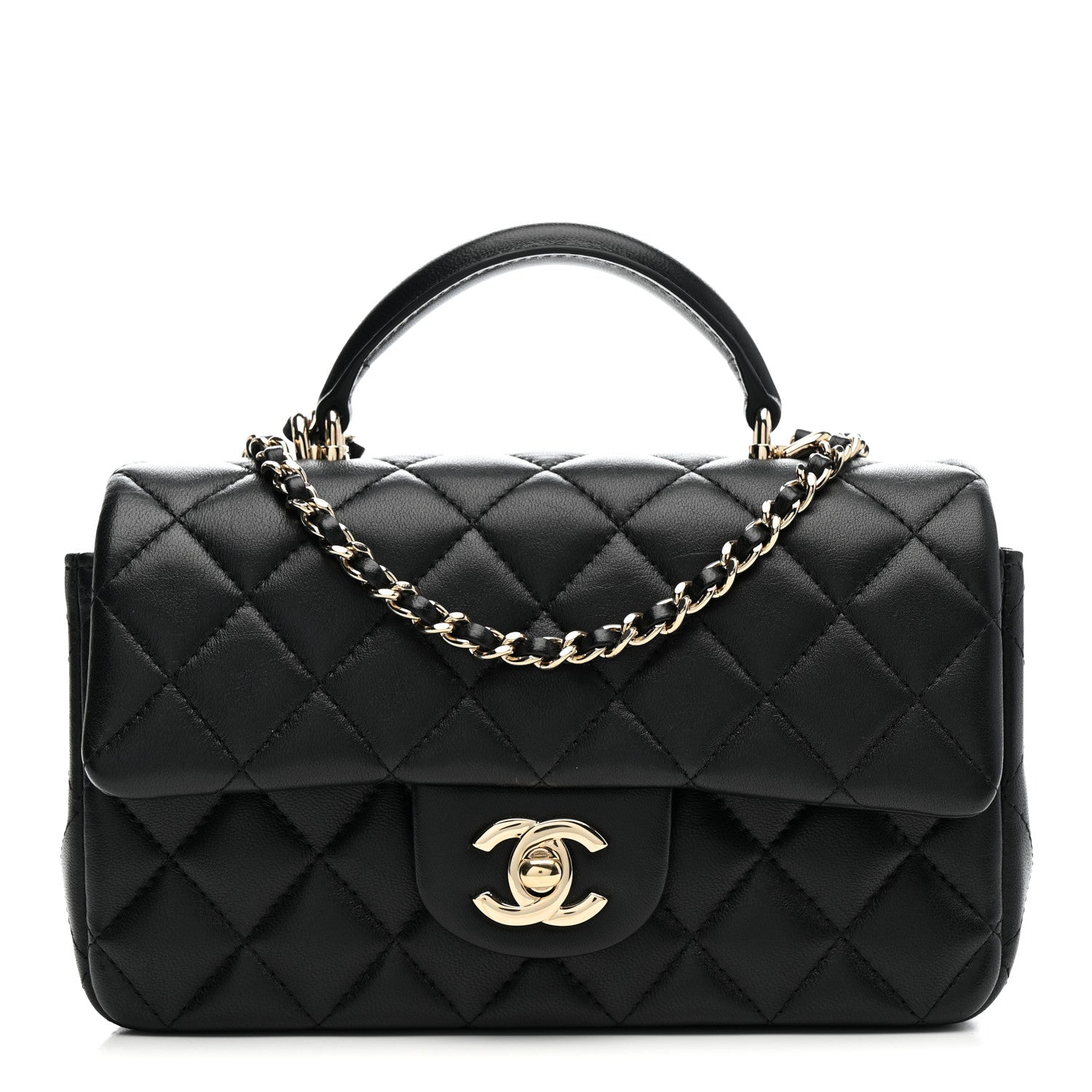 Lambskin Quilted Mini Top Handle Rectangular Flap Black