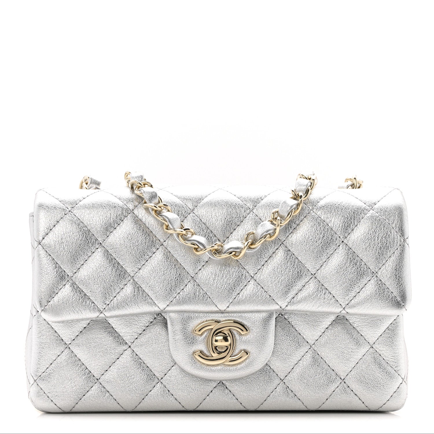 Metallic Calfskin Quilted Mini Rectangular Flap Silvery