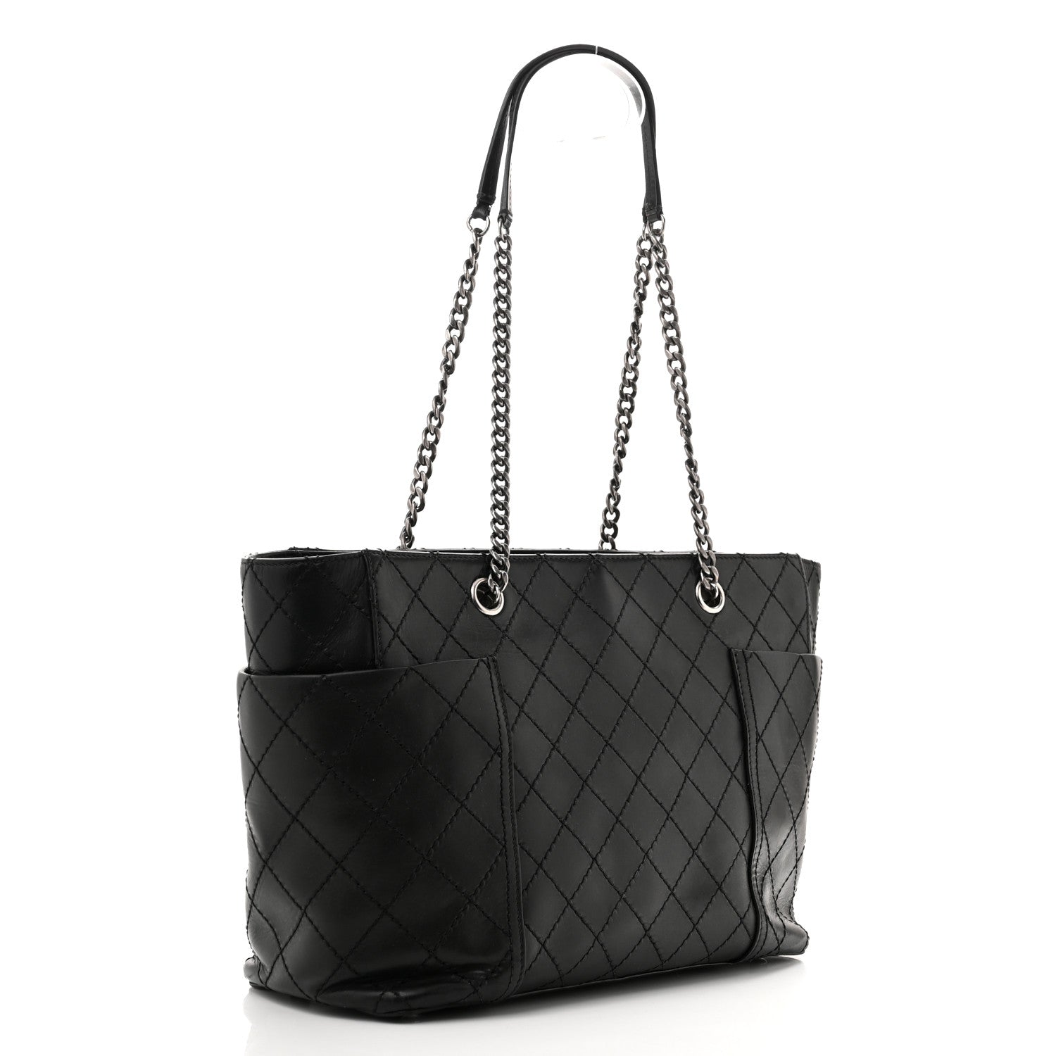 Lambskin Stitched Shopping Tote Black