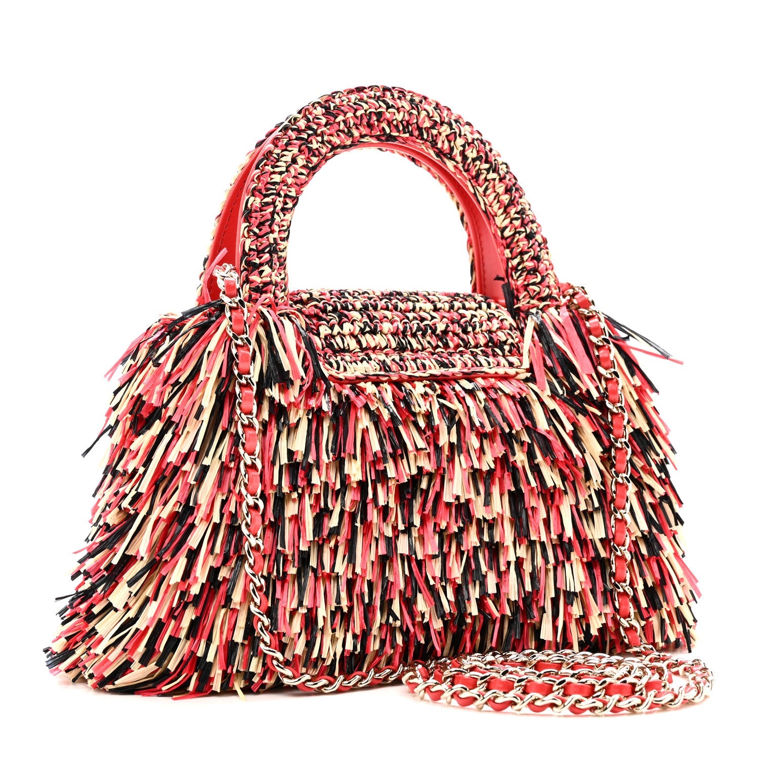 Raffia Fringe Nano Kelly Shopper Red Beige Black