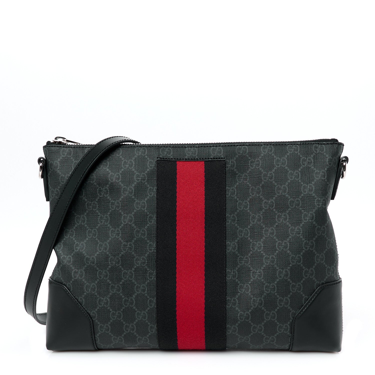 Soft GG Supreme Monogram Appia Calfskin Web East West Messenger Bag Black Grey