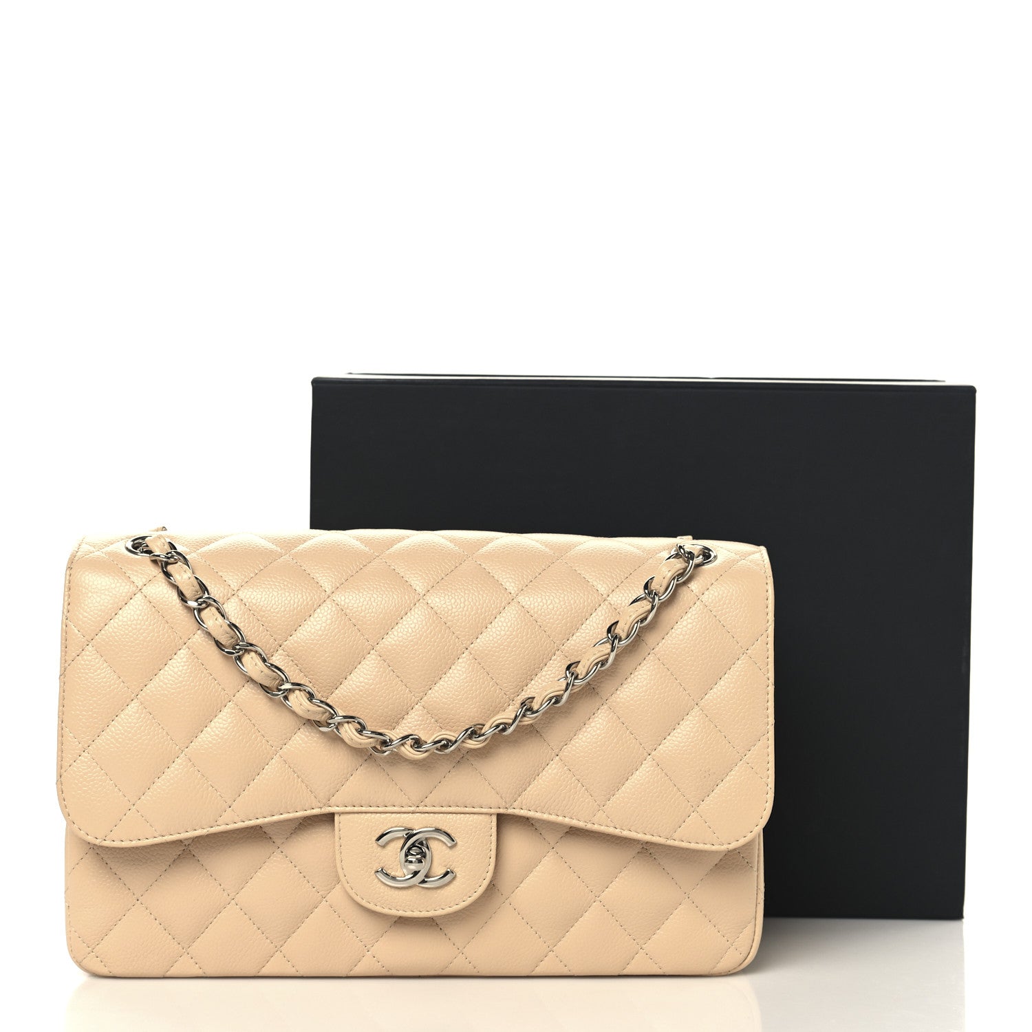 Caviar Quilted Jumbo Double Flap Beige