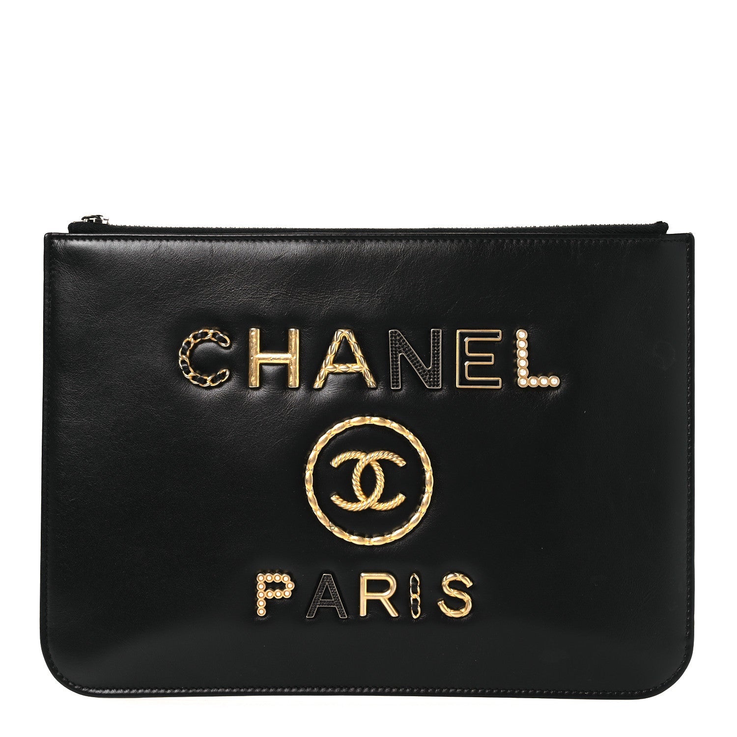 Shiny Calfskin Crystal Pearl Logo Cosmetic Case Black