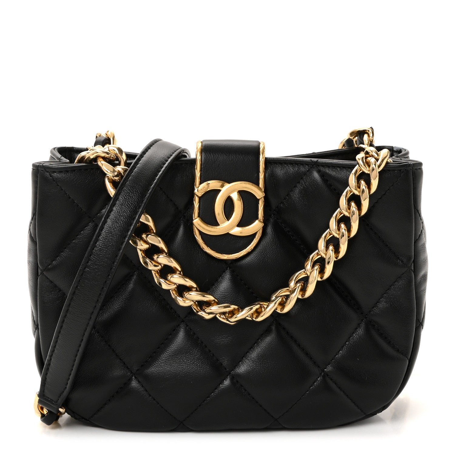 Lambskin Quilted Small Chain Hobo Black