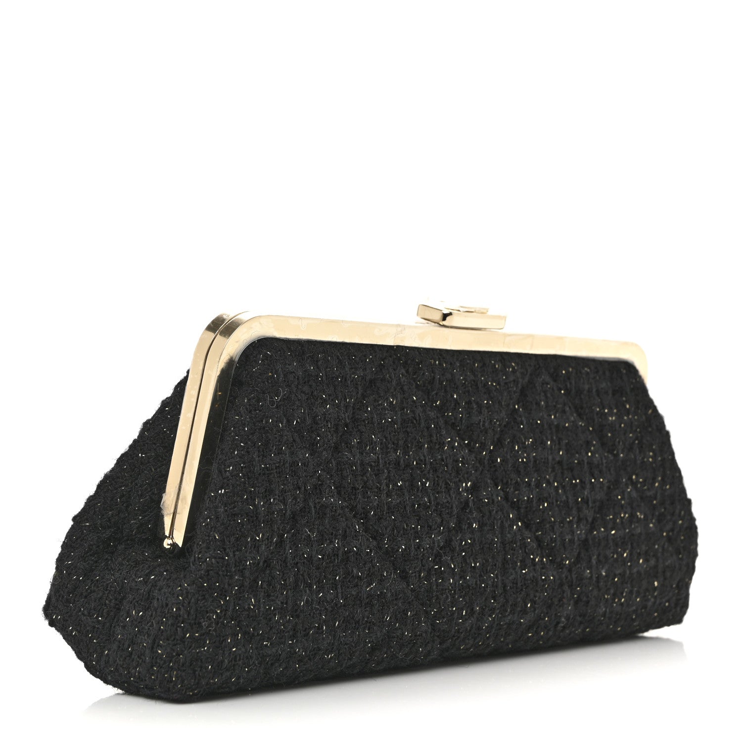 Tweed Quilted Kiss Lock Clutch Black