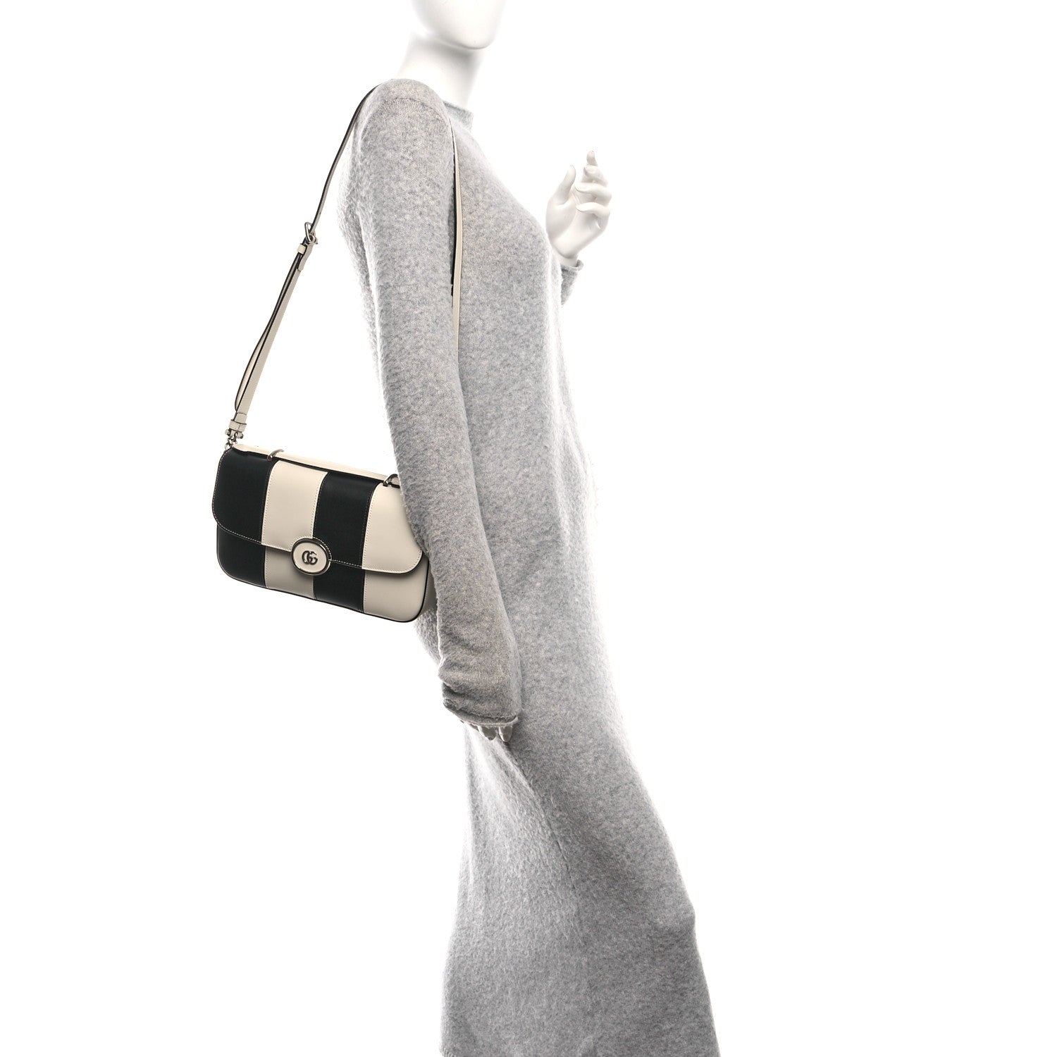 Senna Calfskin Lines Petite GG Top Handle Shoulder Bag Black Mystic White