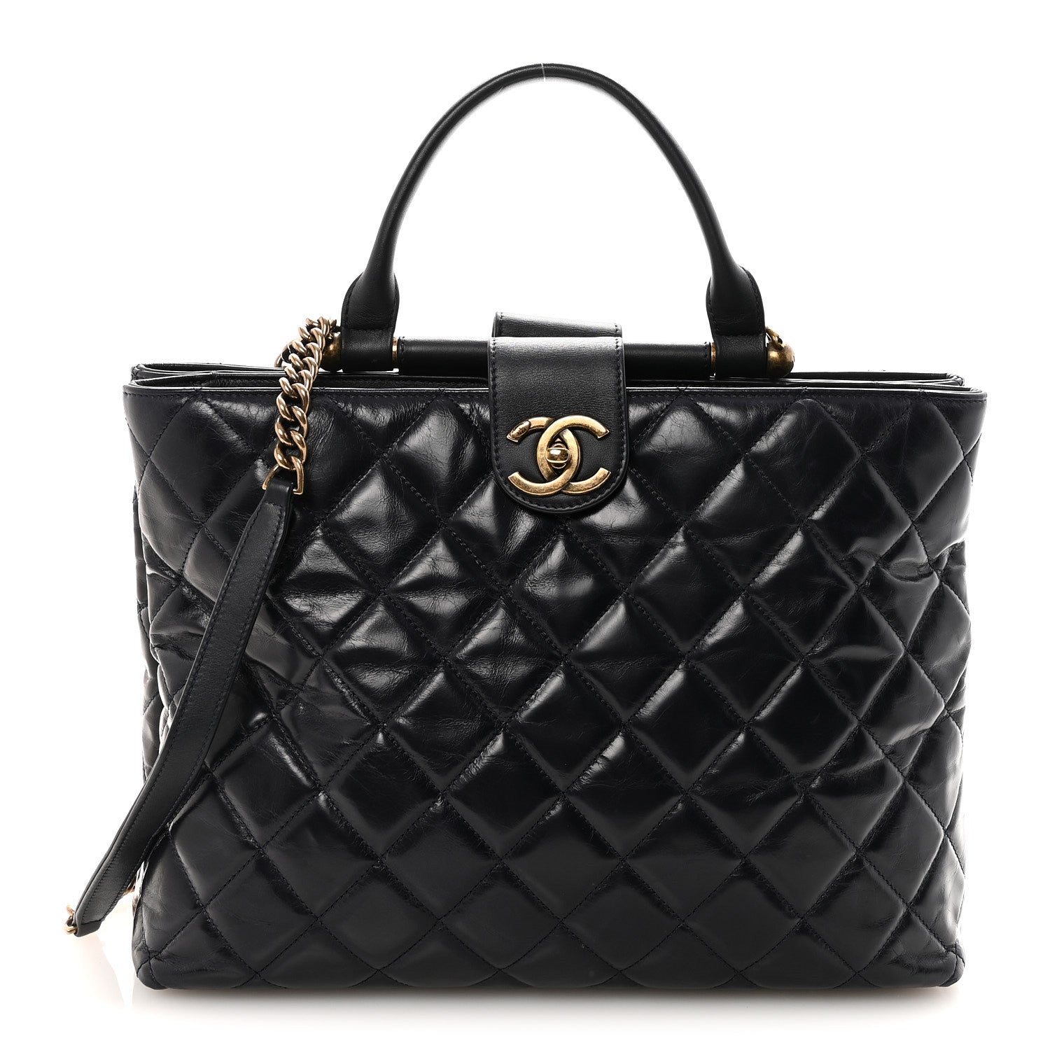 Glazed Calfskin Quilted Gold Bar Tote Dark Navy Blue