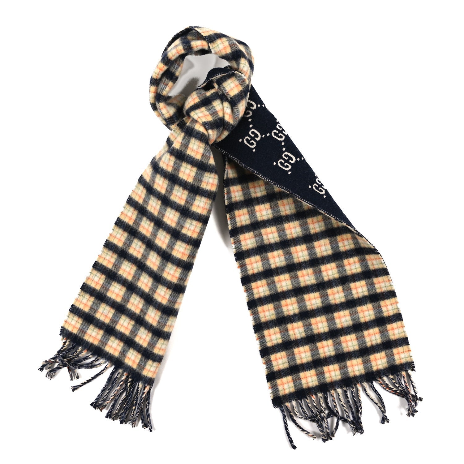 Wool GG Monogram Plaid Rise Reversible Fringe Scarf Midnight Blue Cream