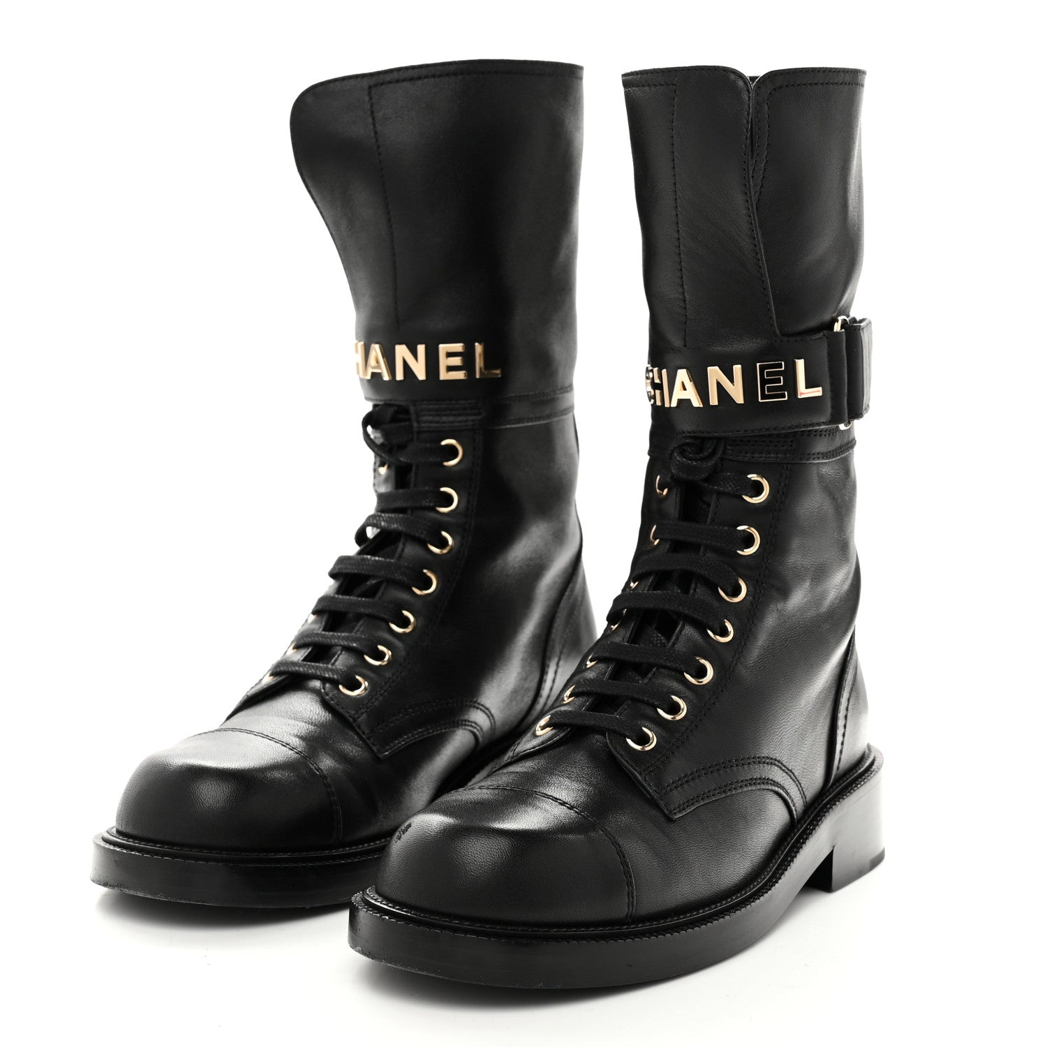 Shiny Calfskin Lace Up Combat Boots 37 Black