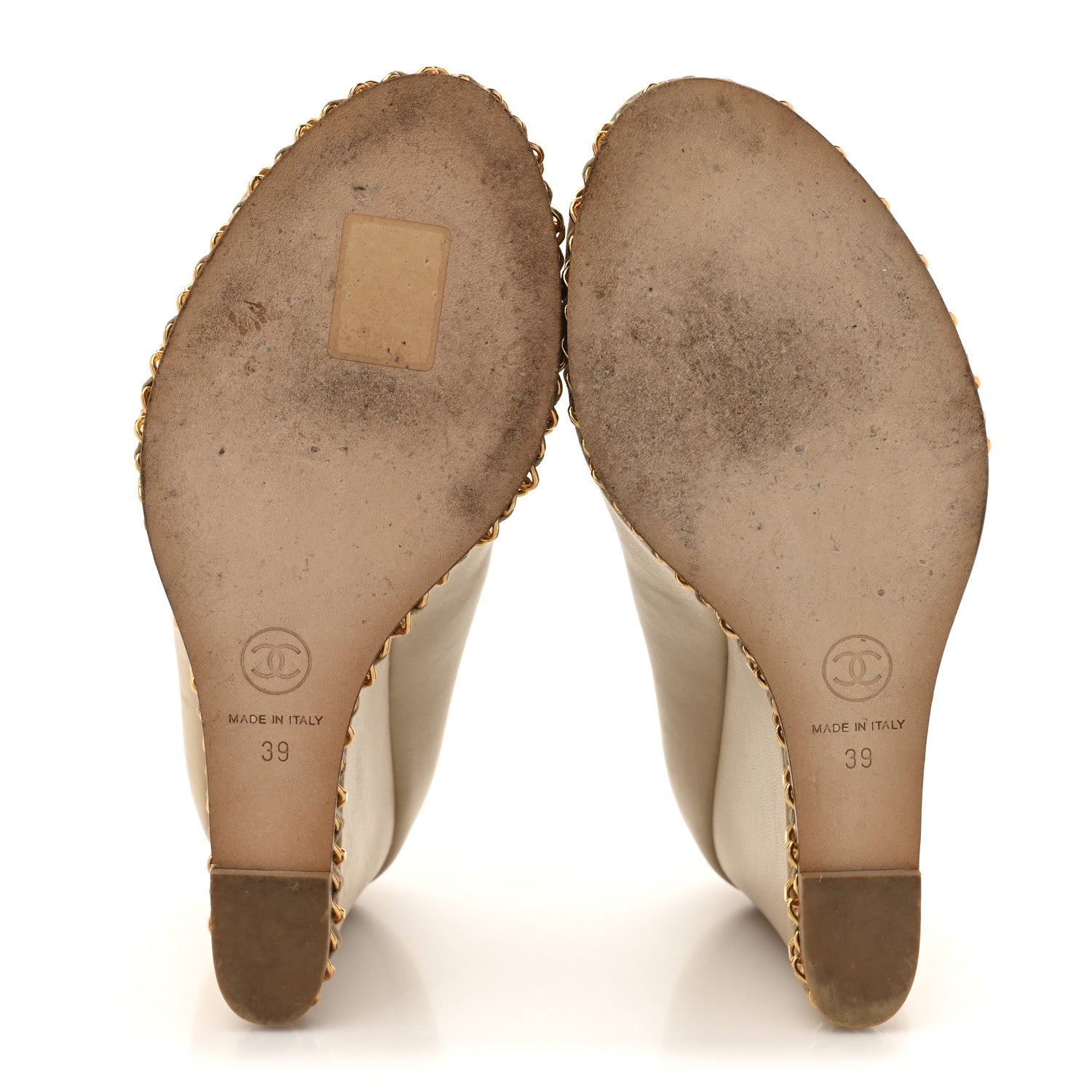 Calfskin Chain Peep Toe Wedge Pumps 39 Beige