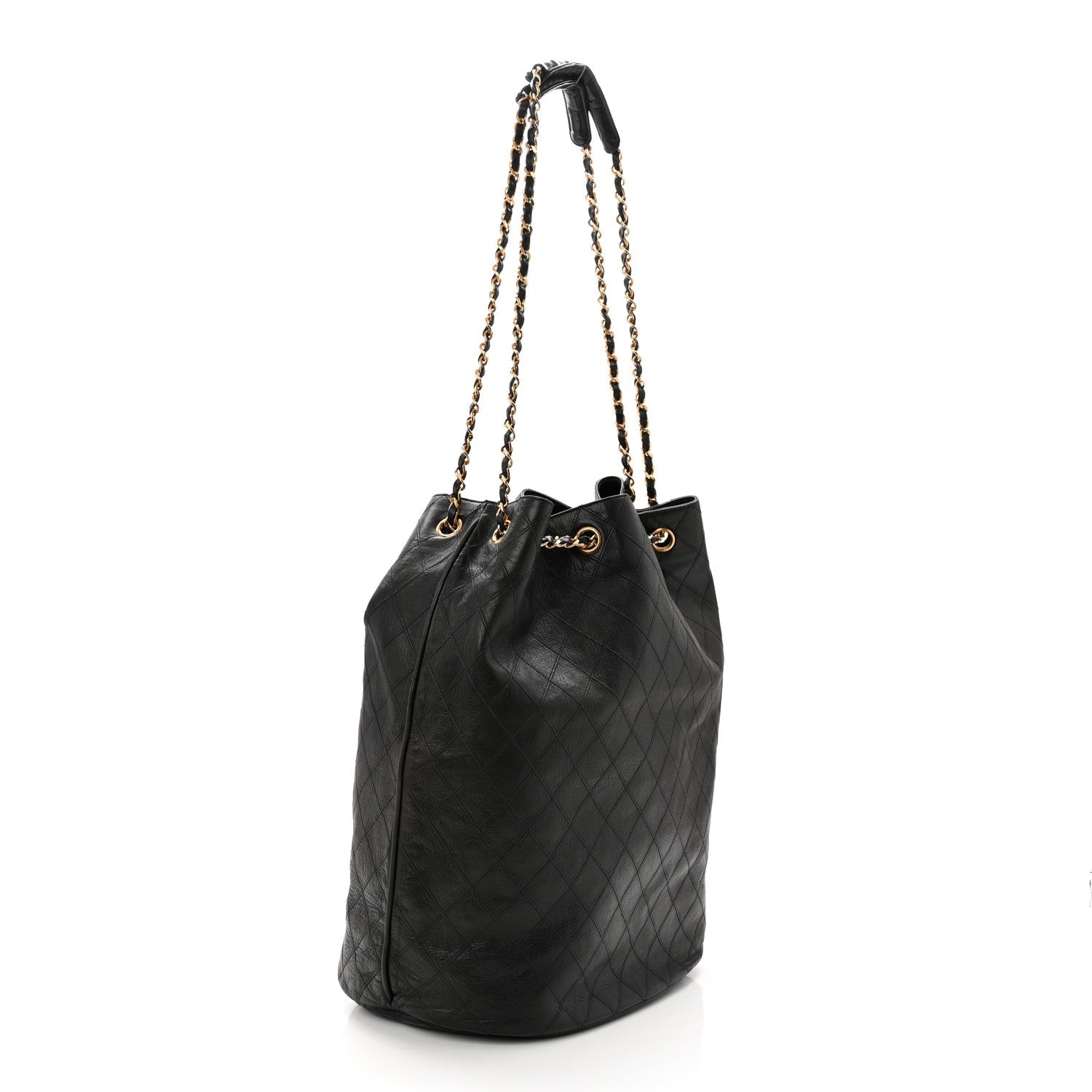 Grained Calfskin Quilted Drawstring Bucket Bag Black