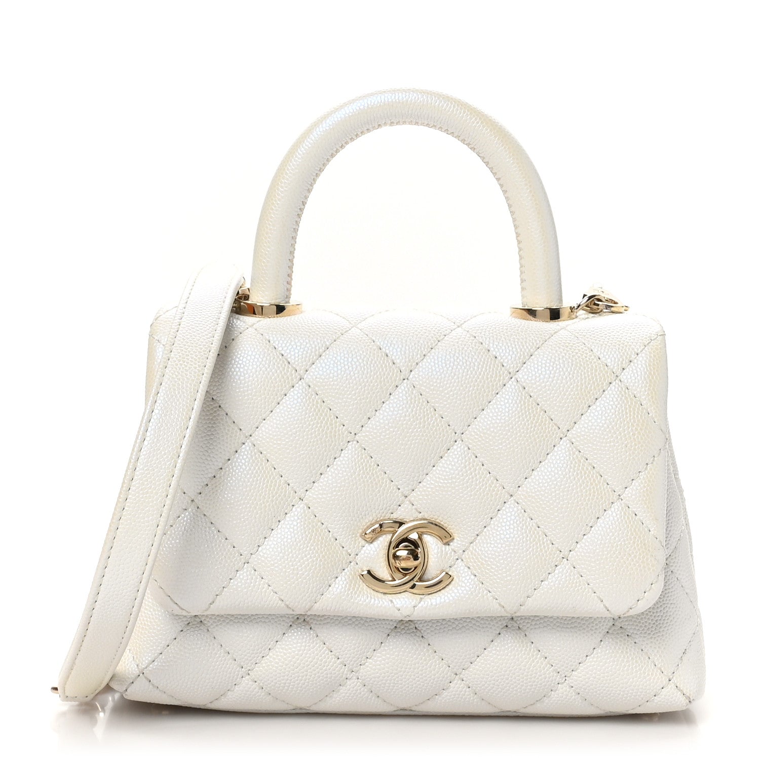 Iridescent Caviar Quilted Extra Mini Coco Handle Flap White