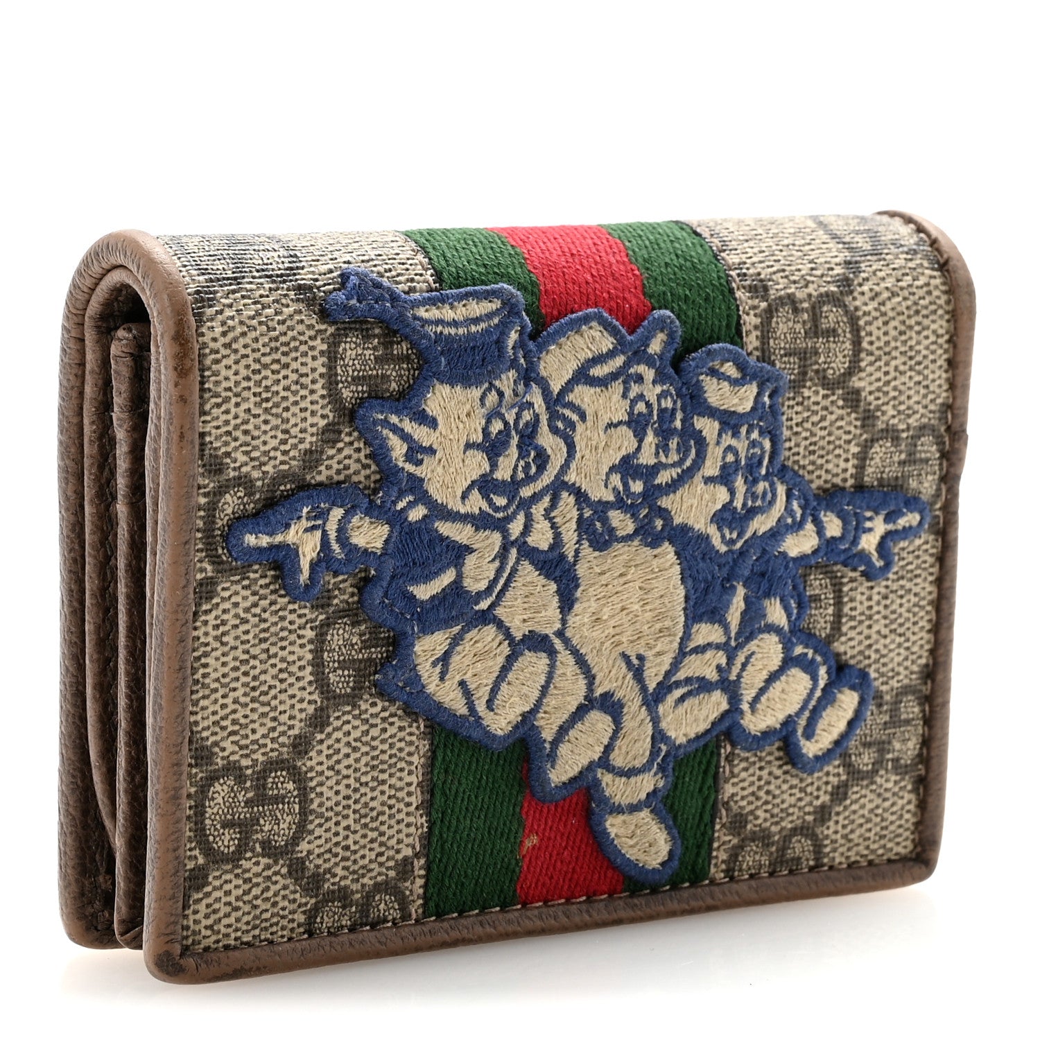 X DISNEY GG Supreme Monogram Web Three Little Pigs Ophidia Card Case Wallet Beige New Acero
