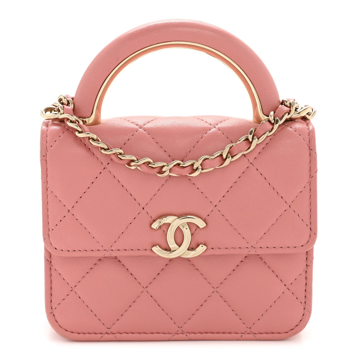 Lambskin Quilted Top Handle Flap Clutch With Chain Pink