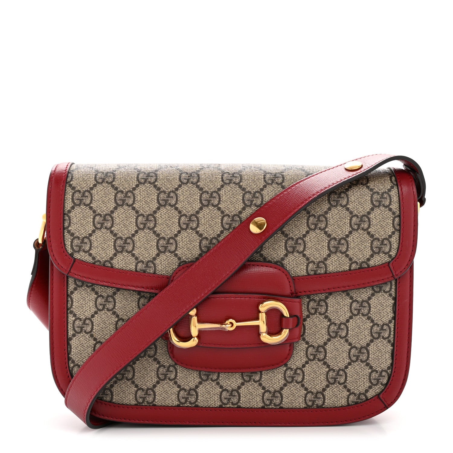 GG Supreme Monogram Azalea Calfskin Horsebit 1955 Shoulder Bag Beige Ebony New Cherry Red
