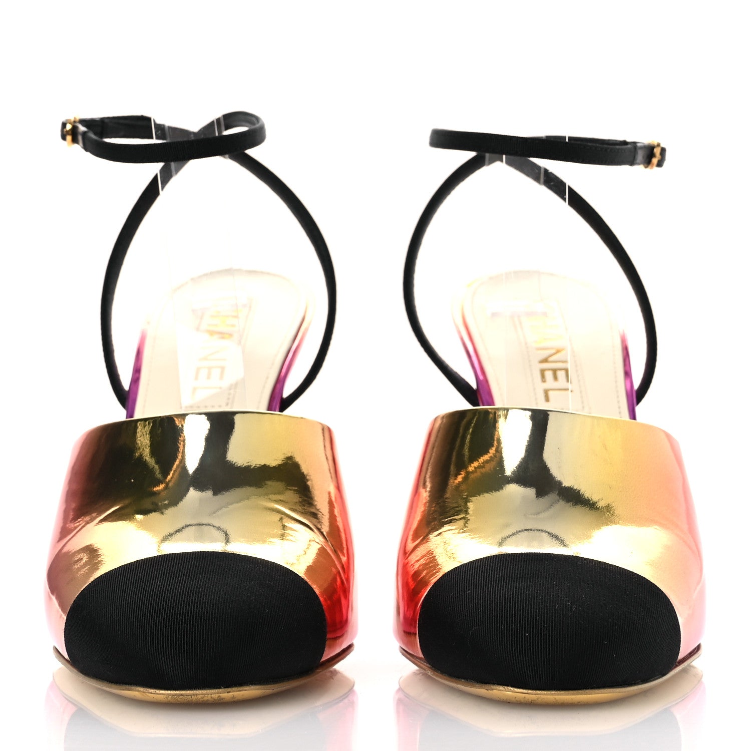 Laminated Calfskin Grosgrain Cap Toe CC Wedge Pumps 39 Pink Orange Yellow Black