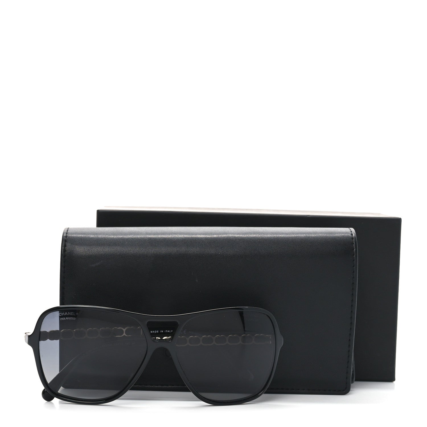 Metal Calfskin Polarized CC Chain Pilot Sunglasses 5439-Q-A Black