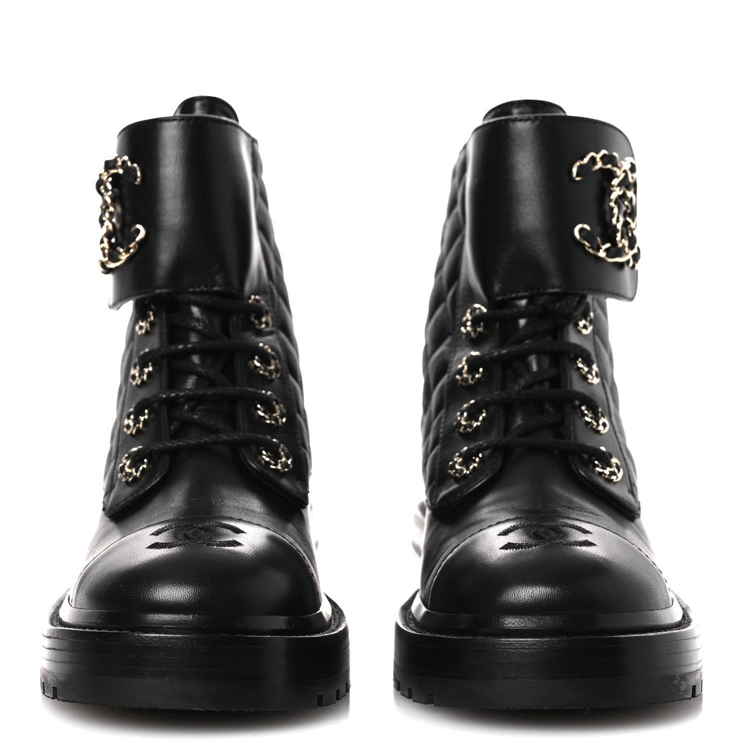 Shiny Lambskin Quilted Lace Up Combat Boots 37 Black