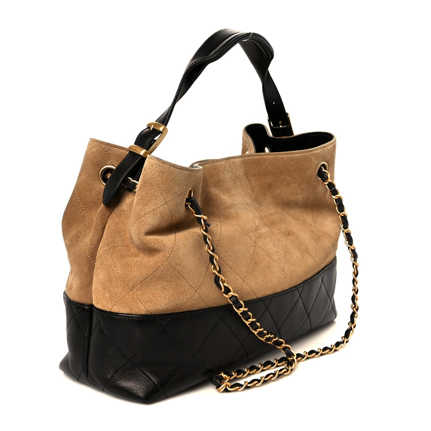 Suede Calfskin Shiny Lambskin Quilted Small Shopping Bag Beige Black