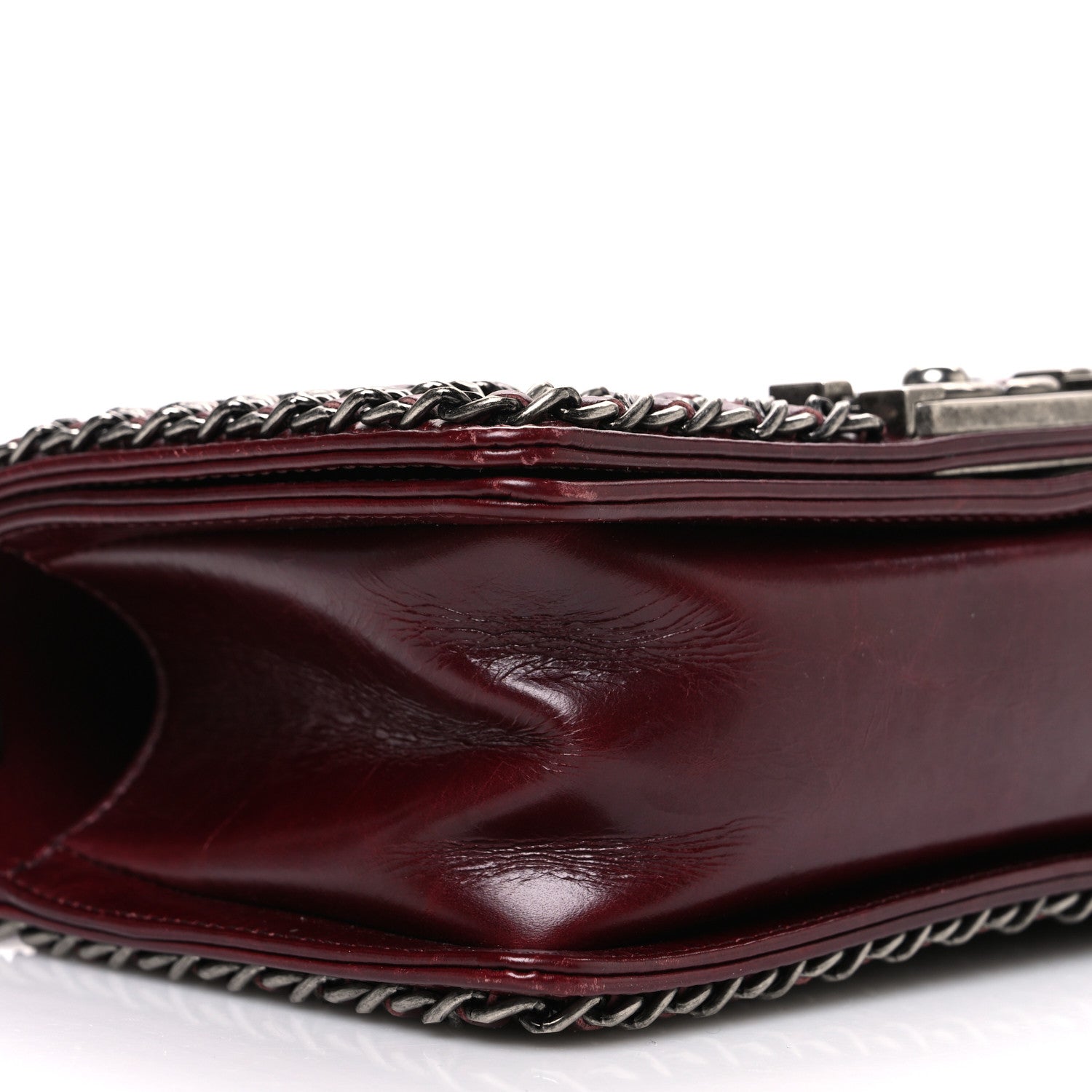 Glazed Calfskin Quilted Small Boy Chained Flap Burgundy