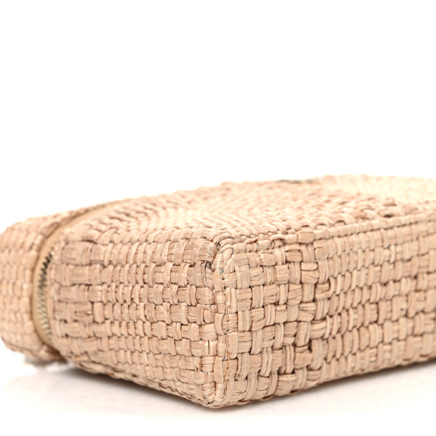 Braided Raffia Quilted Top Handle Slim Vanity Case With Chain Beige
