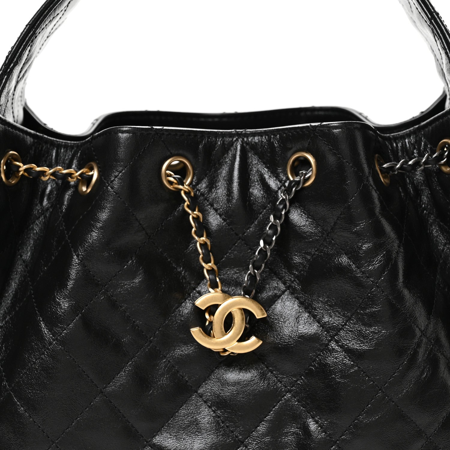 Shiny Crumpled Calfskin Quilted Small Chanel 25 Handbag Black