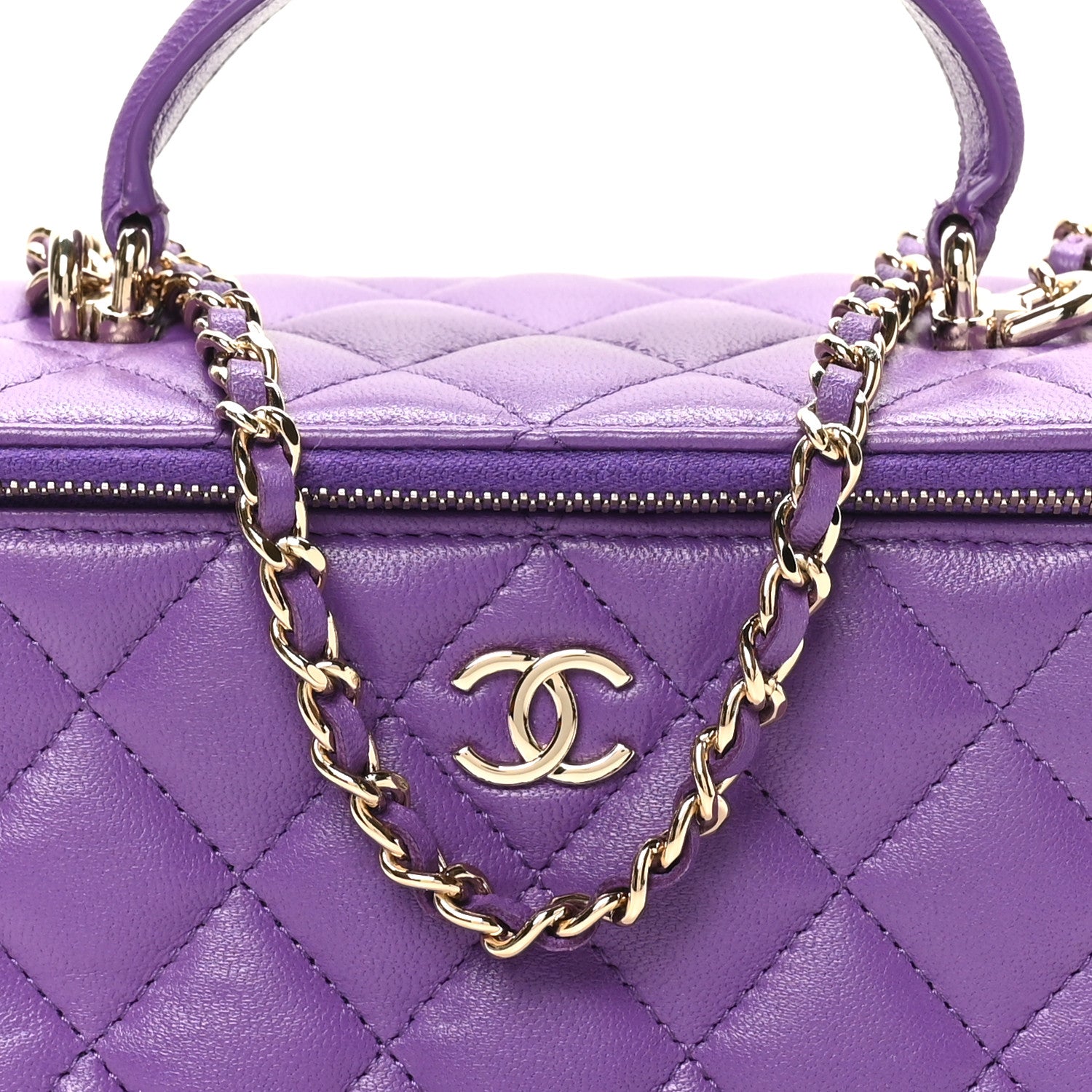 Lambskin Quilted Small Top Handle Vanity Case With Chain Purple