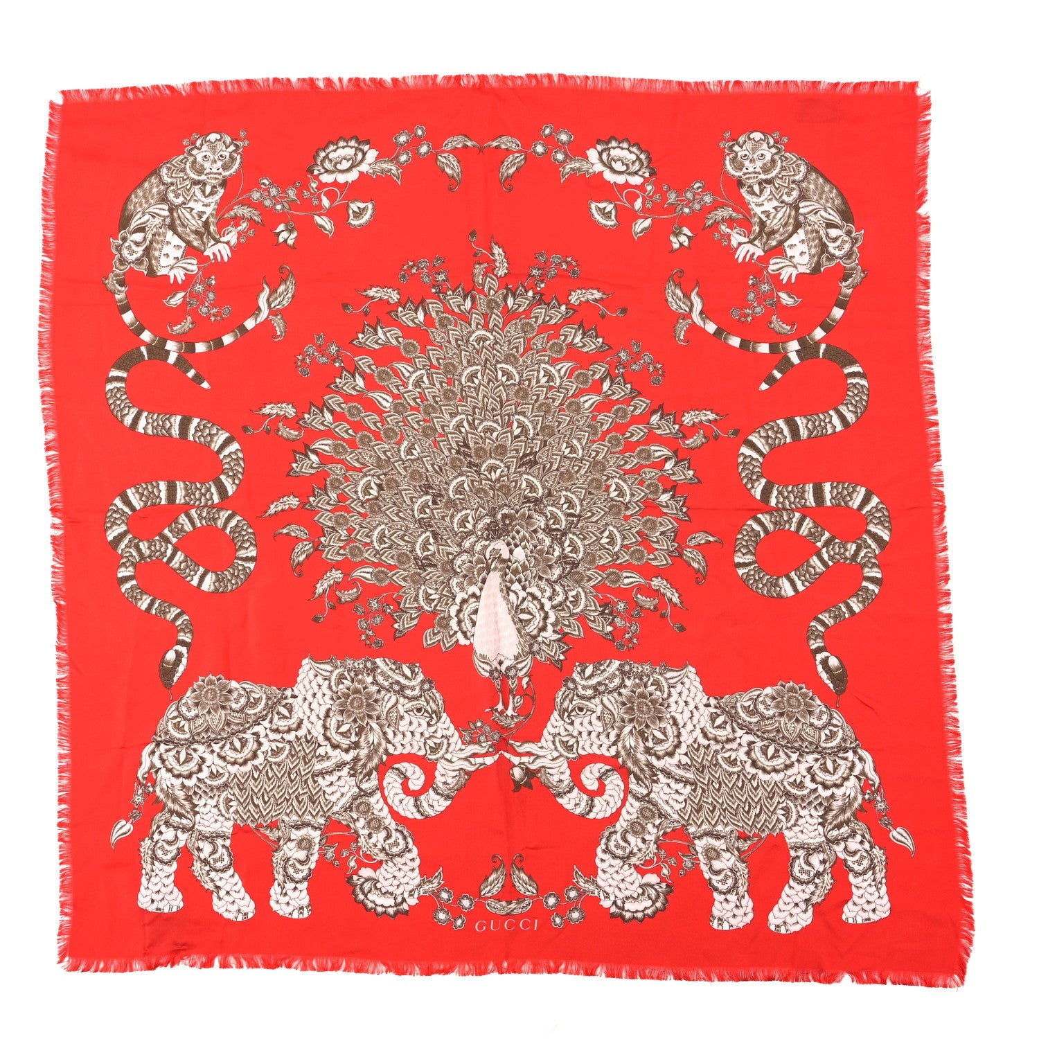 Silk Animal Print Square Scarf Red