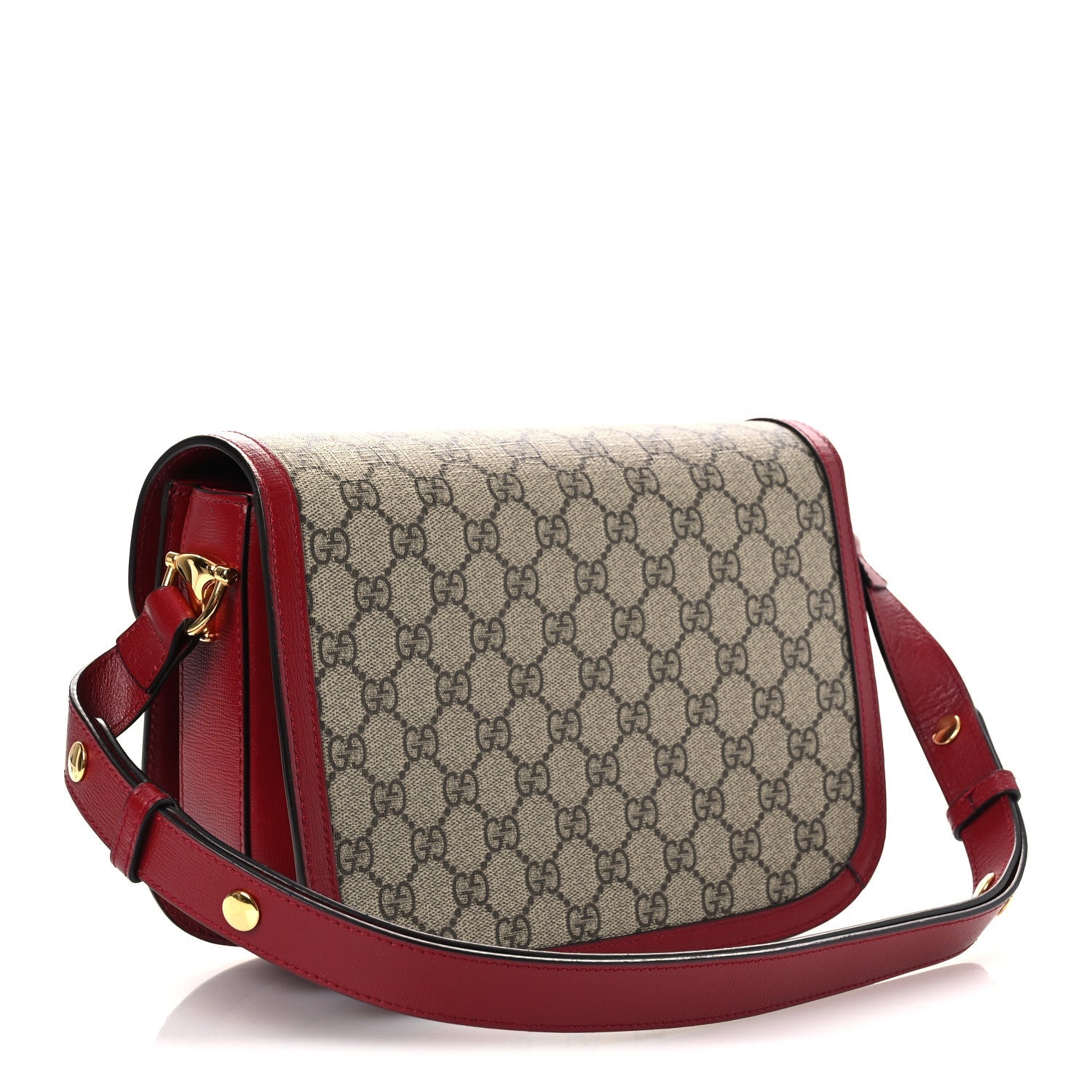 GG Supreme Monogram Azalea Calfskin Horsebit 1955 Shoulder Bag Beige Ebony New Cherry Red