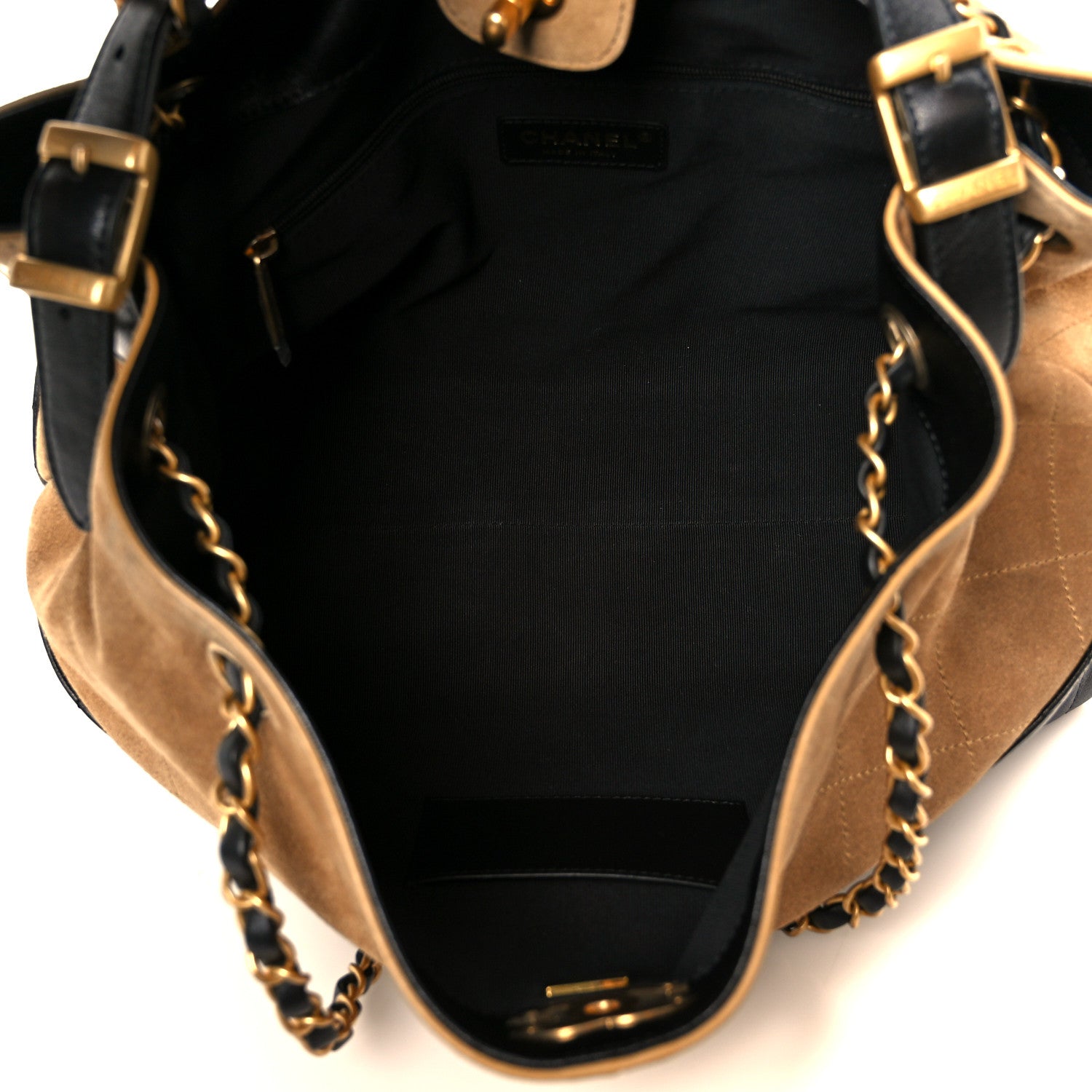 Suede Calfskin Shiny Lambskin Quilted Small Shopping Bag Beige Black