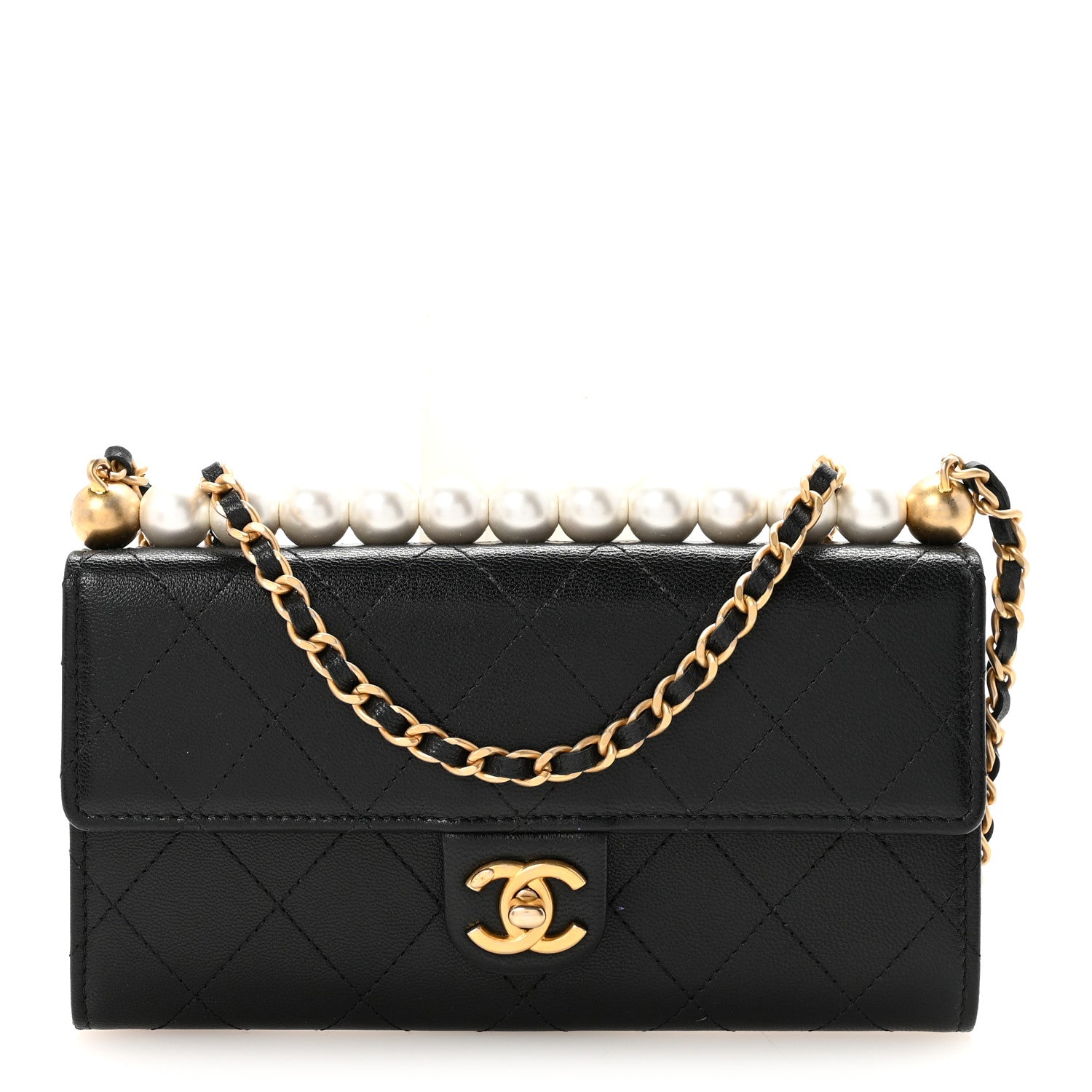 Goatskin Quilted Chic Pearls Clutch With Chain Black