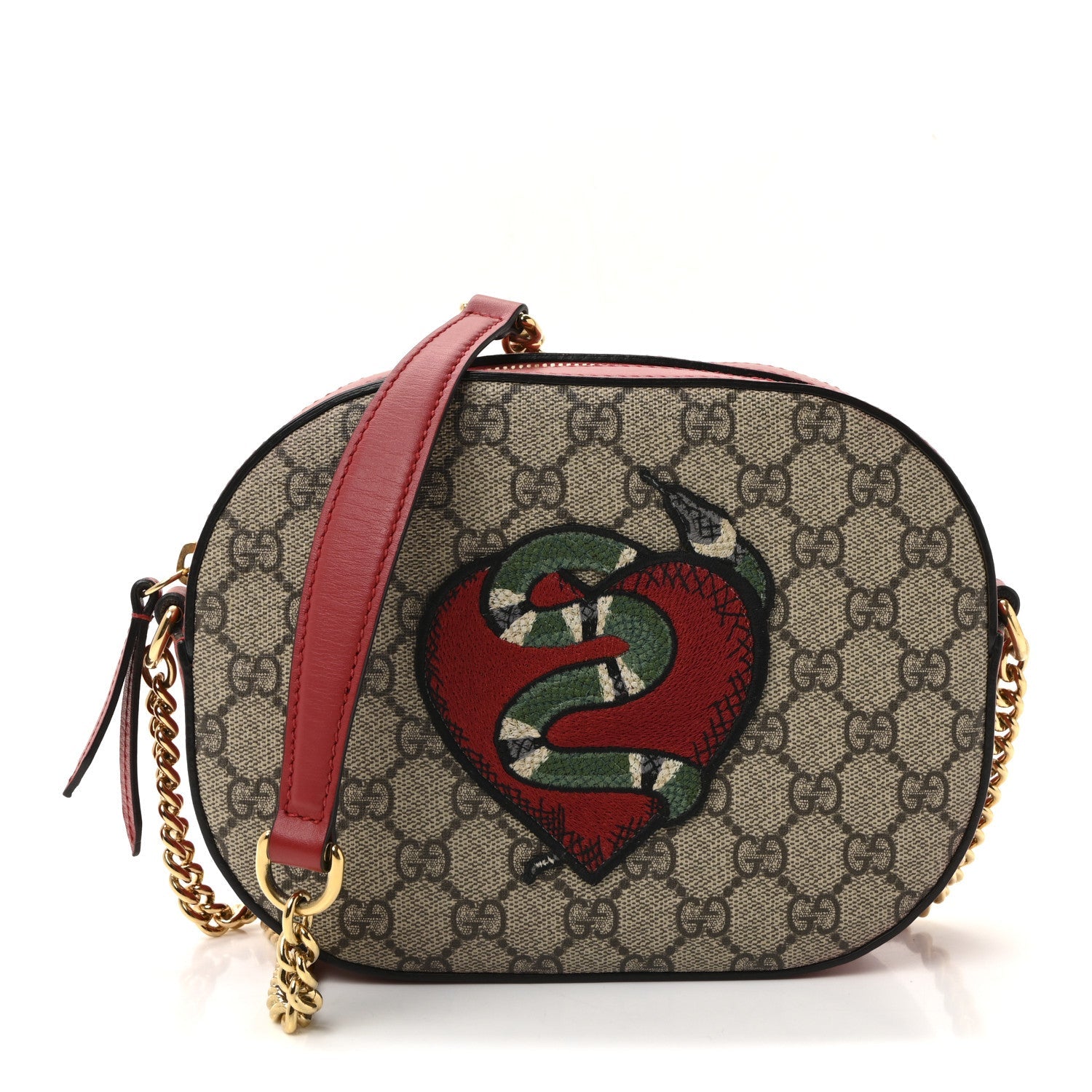 GG Supreme Monogram Kingsnake Heart Embroidered Mini Chain Shoulder Bag Beige Hibiscus Red