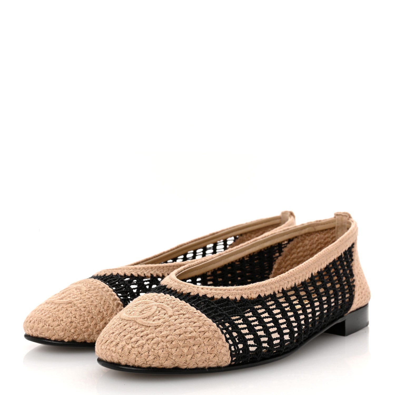 Raffia Cap Toe Ballerina Flats 36.5 Black Beige