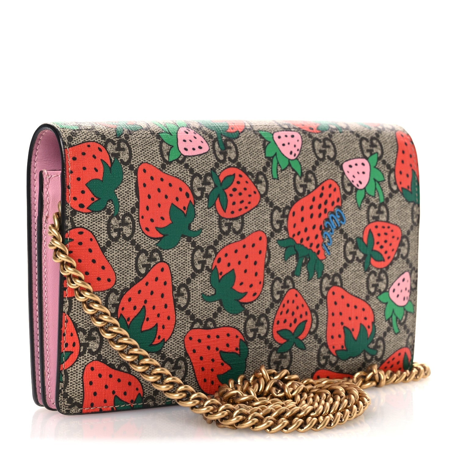 GG Supreme Monogram Strawberry Chain Wallet