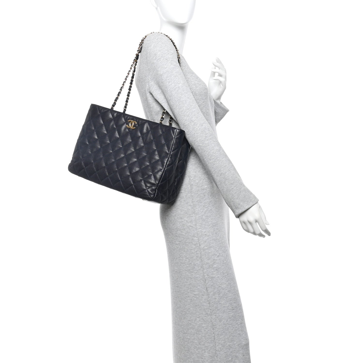 Caviar Quilted Small Shopping Tote Navy