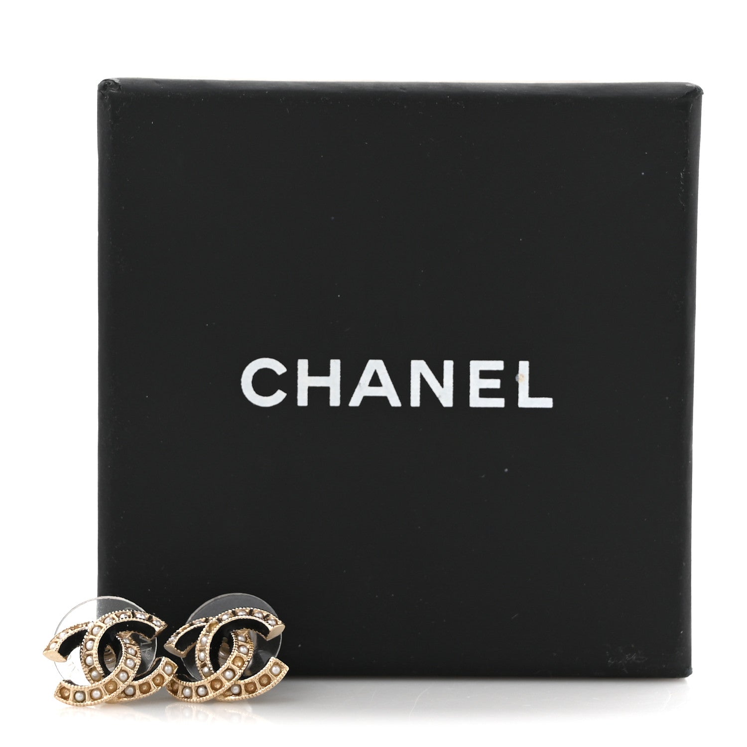 Metal Pearl Enamel CC Earrings Gold Black