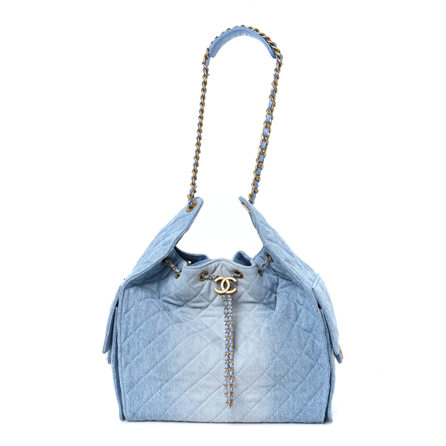 Washed Denim Quilted Medium Chanel 25 Handbag Blue