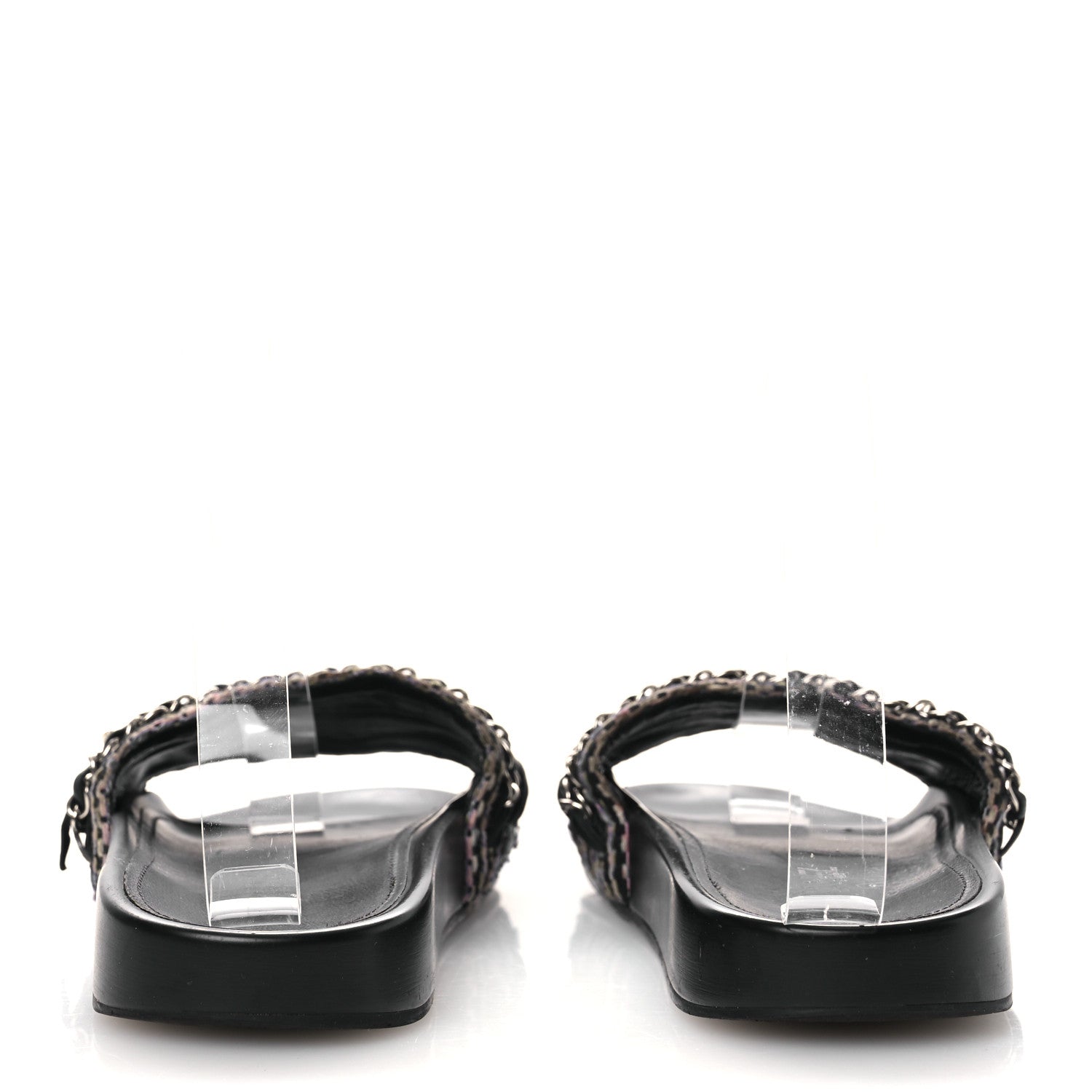 Tweed Lambskin Chain Flat Sandals 36 Black Multicolor